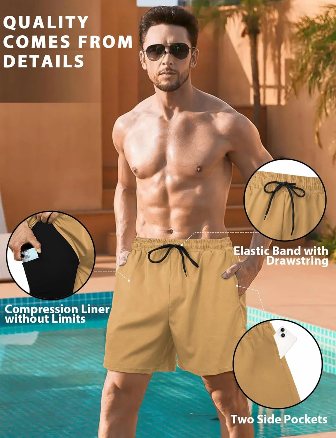 Buauty Mens Swim Trunks with Compression Liner 7 Inch Inseam Quick Dry Swim Shorts Mens Swimsuit Board Shorts with Pockets