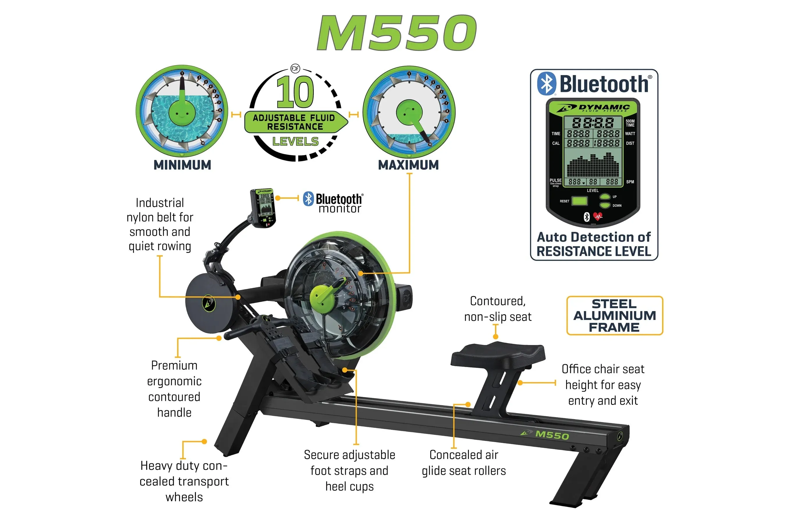 Dynamic Fluid M550 Rower (SUMMER SALE - Extra 10%), Air Bikes, Dumbbell rack