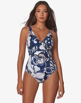 Cachemire Wrap Front Swimsuit - Blue and White
