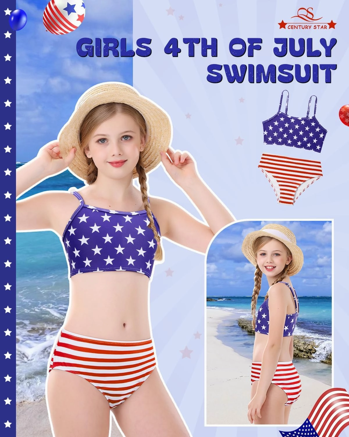 Century Star Girls Swimsuit 2-Piece Ribbed Bikini Set Adjustable Strap Bathing Suits for Teens Swimwear Solid