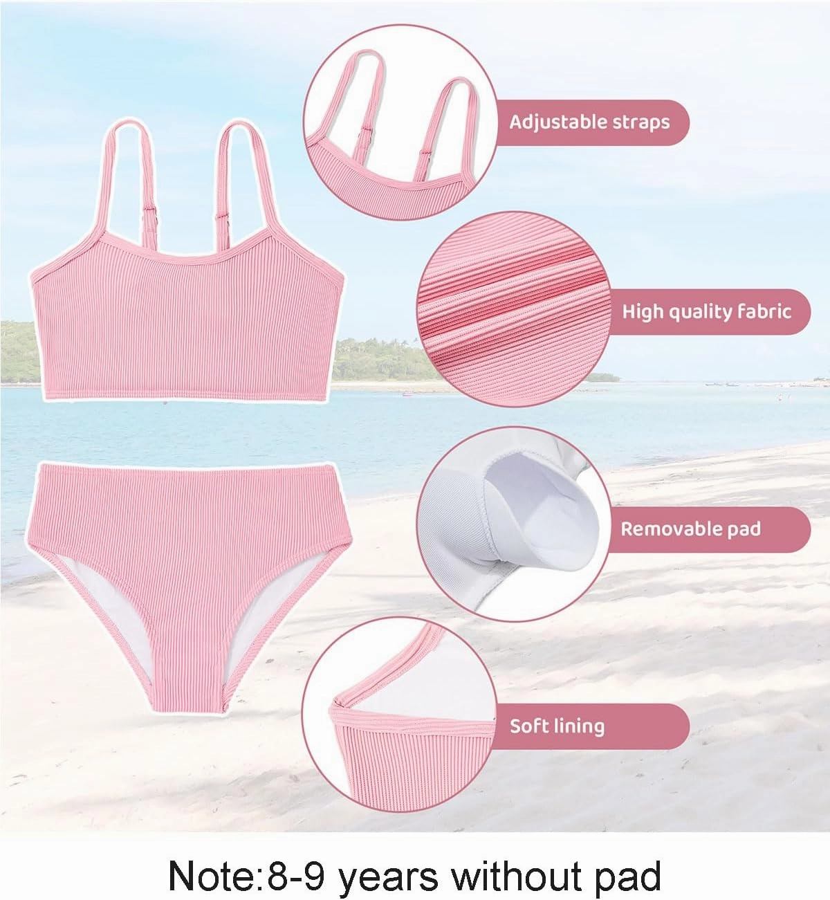 Century Star Girls Swimsuit 2-Piece Ribbed Bikini Set Adjustable Strap Bathing Suits for Teens Swimwear Solid