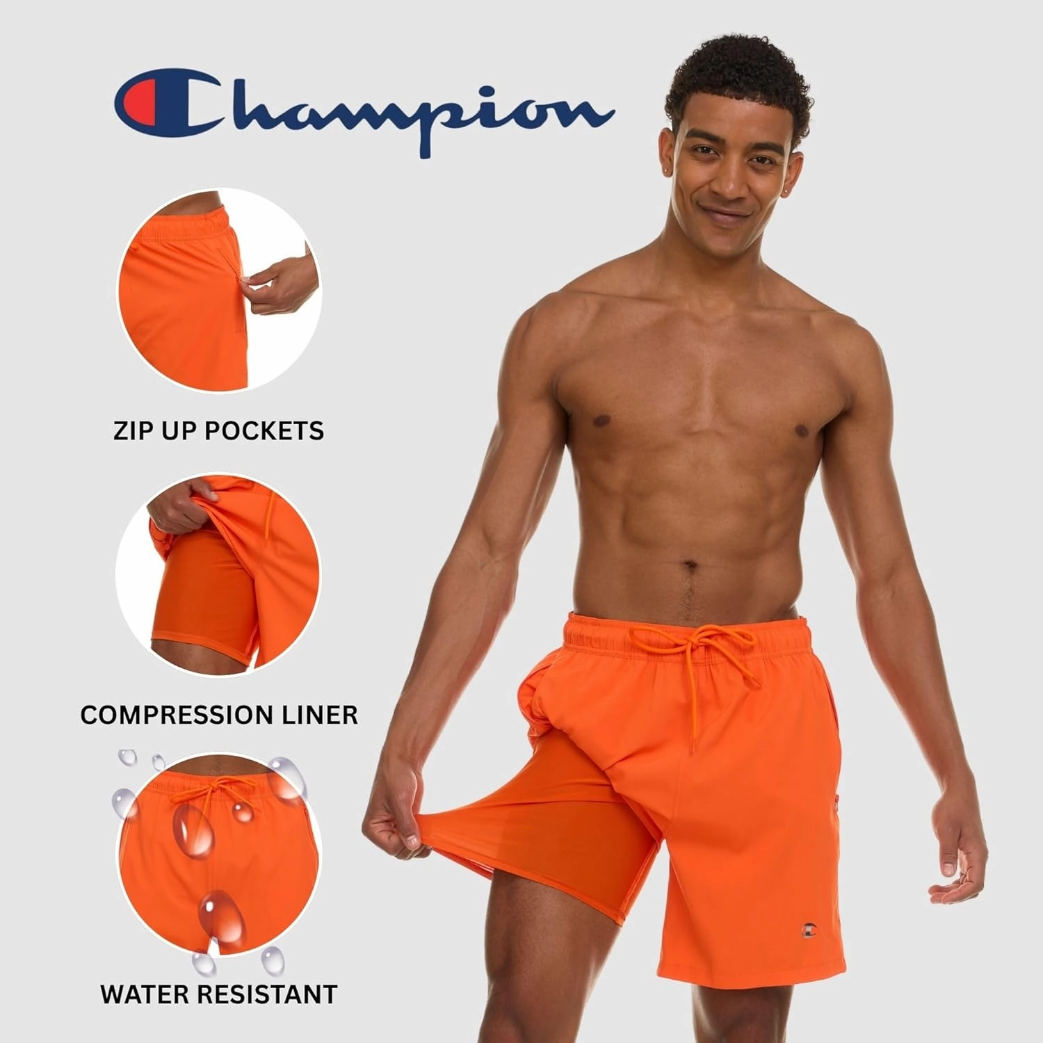 Champion Mens Swim Trunks with Compression Liner, 2 in 1 Mens Bathing Suit Shorts, 7 Inch Inseam Board Shorts for Swimming