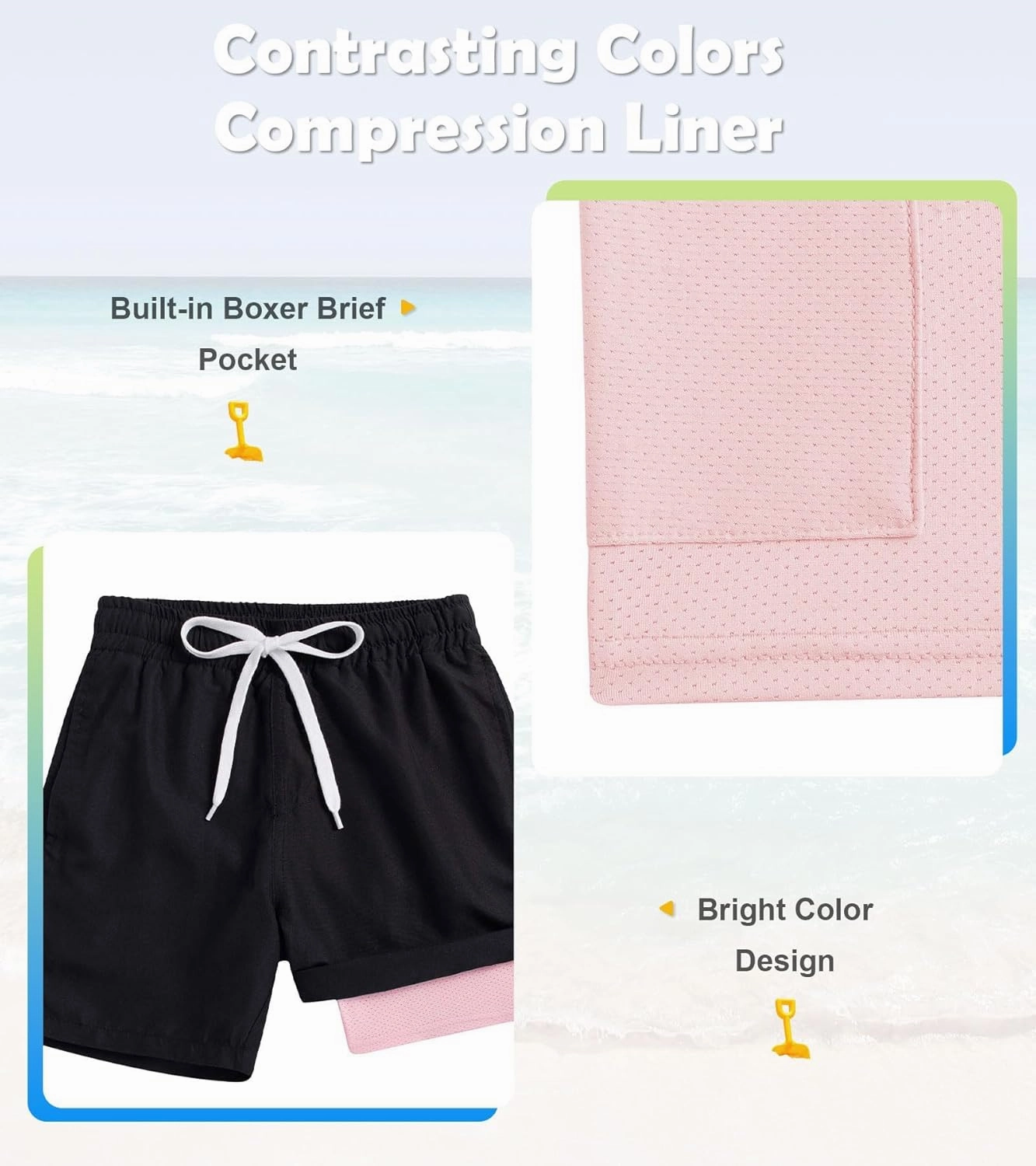 Cozople 7-20T Boys Swim Trunks with Compression Liner Solid Color Bathing Suit Quick Dry Swim Shorts Swimwear