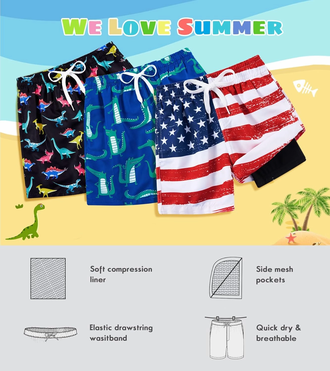 Cozople Boys Swim Trunks Compression Liner Swim Shorts Quick Dry Bathing Suit with Boxer Brief Swimwear 4-10T