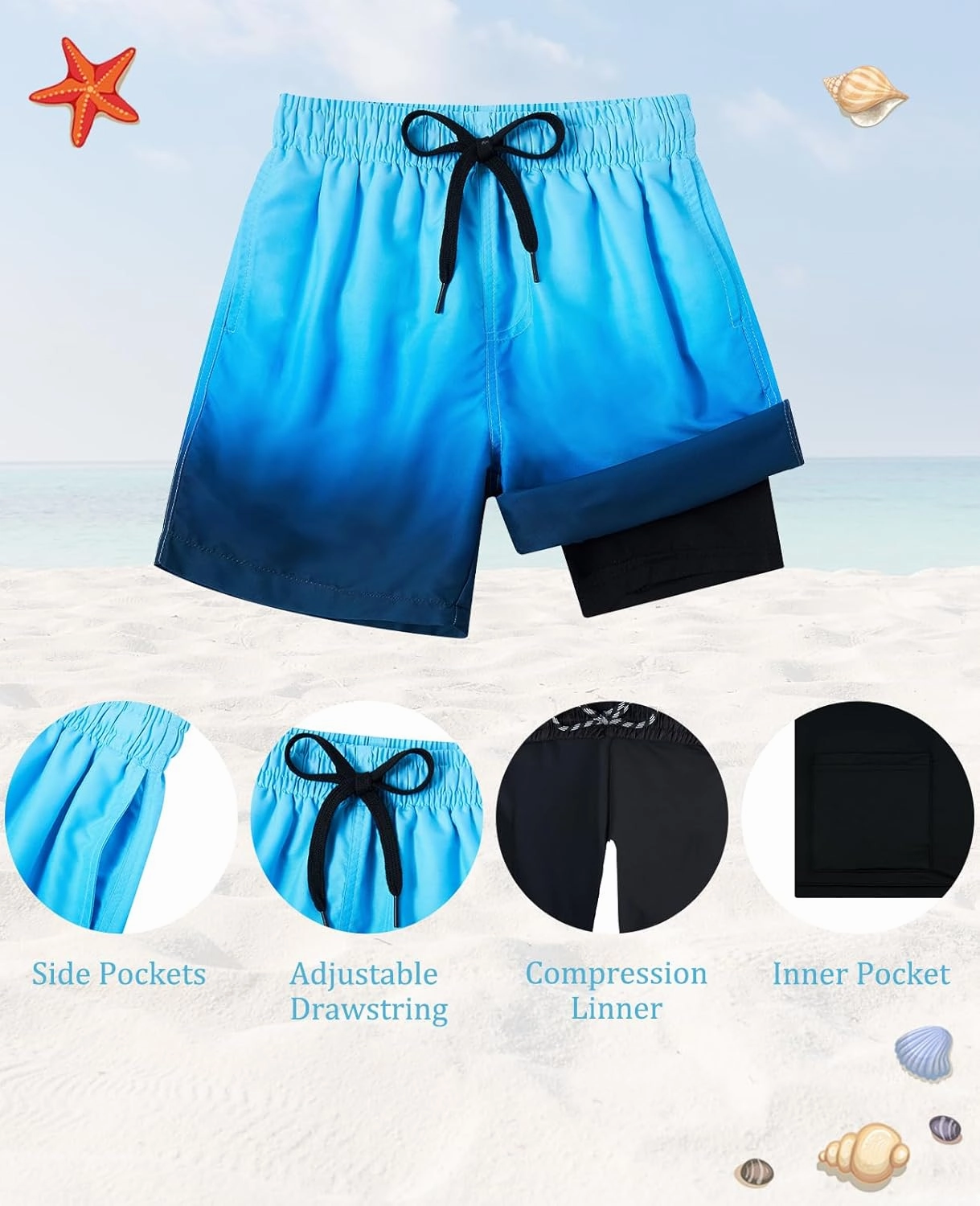 Cozople Boys Swim Trunks Quick Dry Compression Liner Swim Shorts Summer Bathing Suit with Inner Pocket Swimwear 7-20T