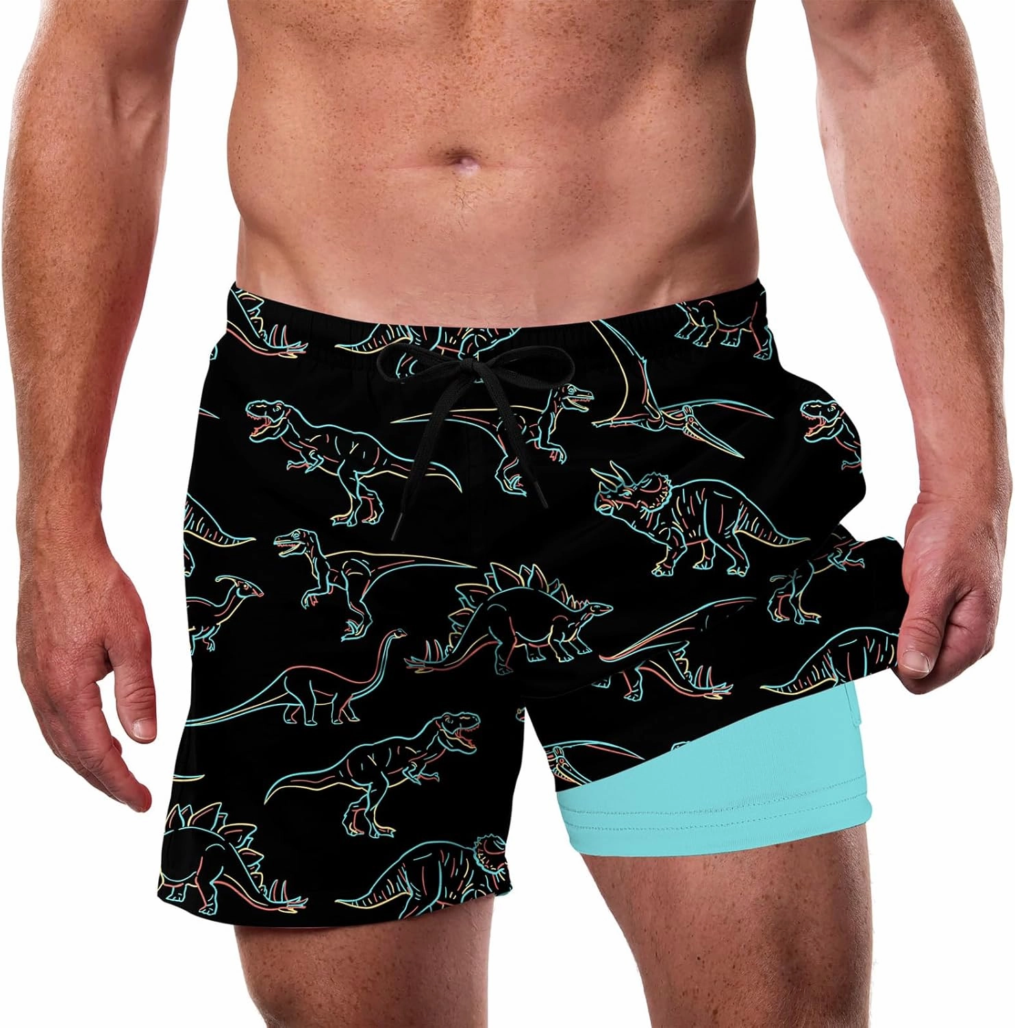 Cozople Men's Swim Trunks with Compression Liner 5.5" Inseam Quick Dry Bathing Suit Boxer Brief Lined Swim Shorts Swimwear
