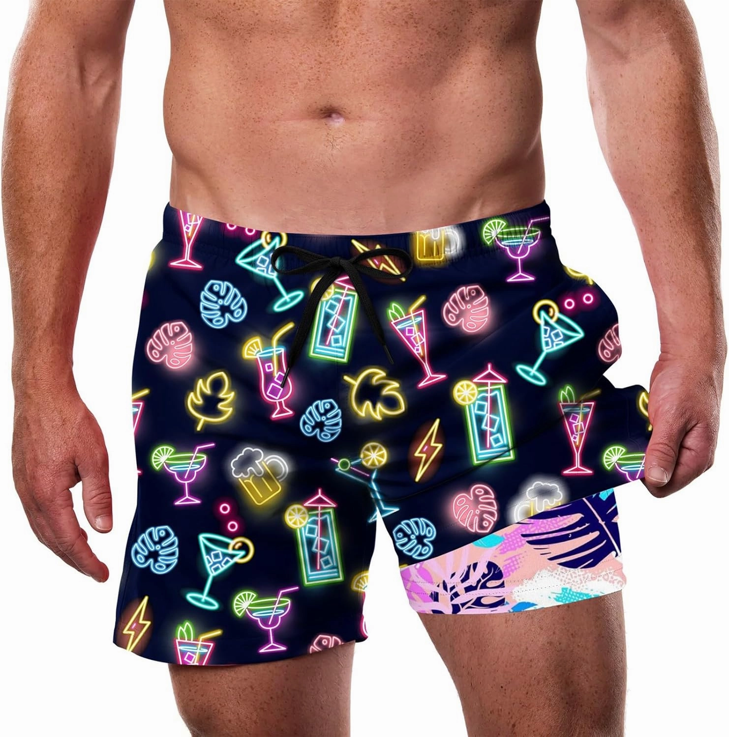Cozople Men's Swim Trunks with Compression Liner 5.5" Inseam Quick Dry Bathing Suit Boxer Brief Lined Swim Shorts Swimwear