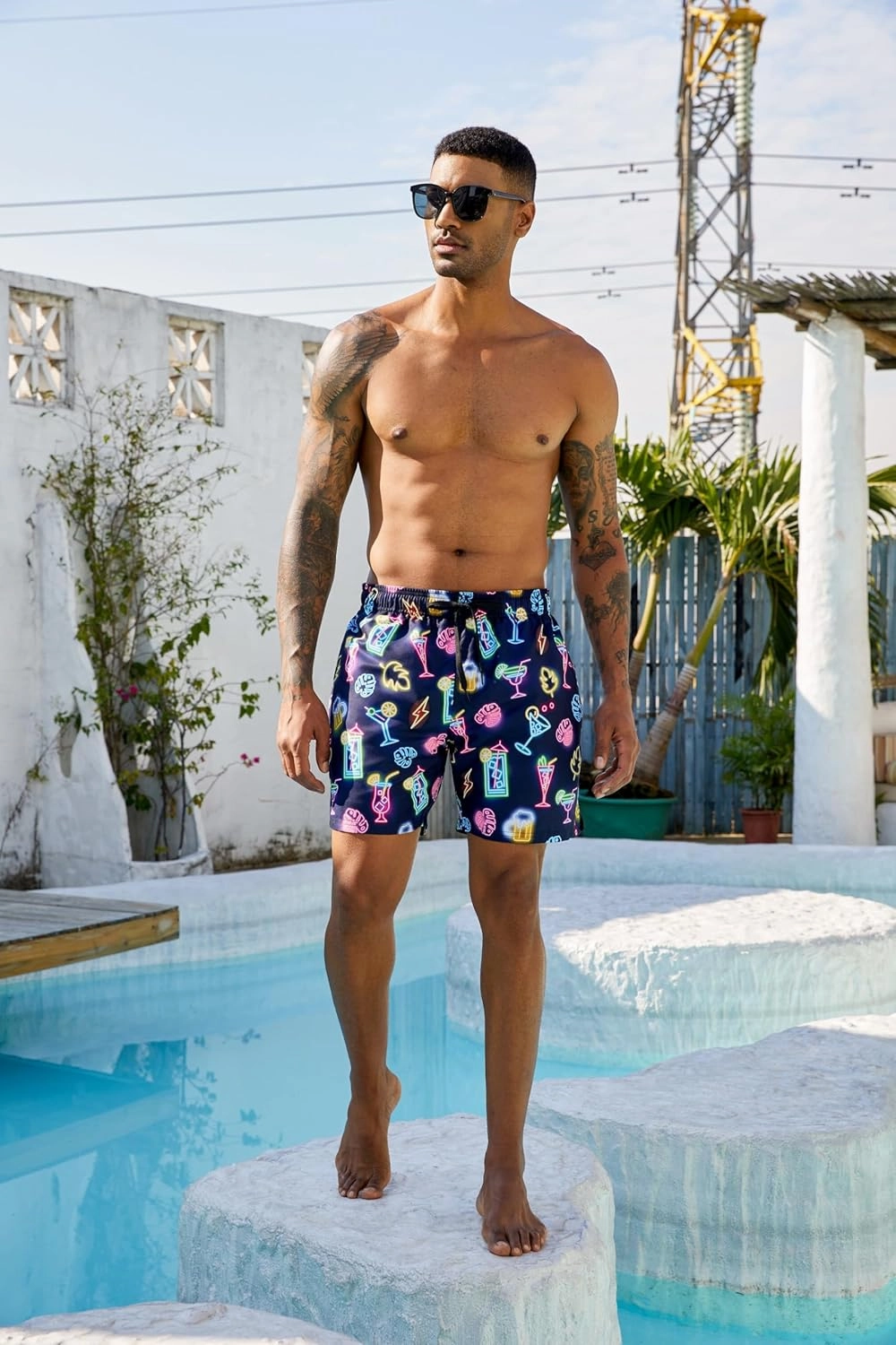 Cozople Men's Swim Trunks with Compression Liner 5.5" Inseam Quick Dry Bathing Suit Boxer Brief Lined Swim Shorts Swimwear
