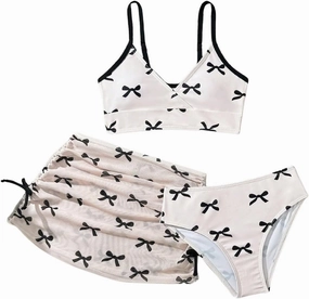 COZYEASE Girls' 3 Piece Set Floral Print Bikini Swimsuit with Drawstring Beach Skirt Cute Ruched Bathing Suit