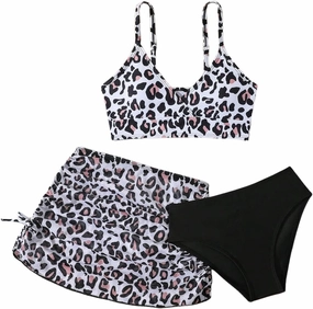 COZYEASE Girls' 3 Piece Set Floral Print Bikini Swimsuit with Drawstring Beach Skirt Cute Ruched Bathing Suit