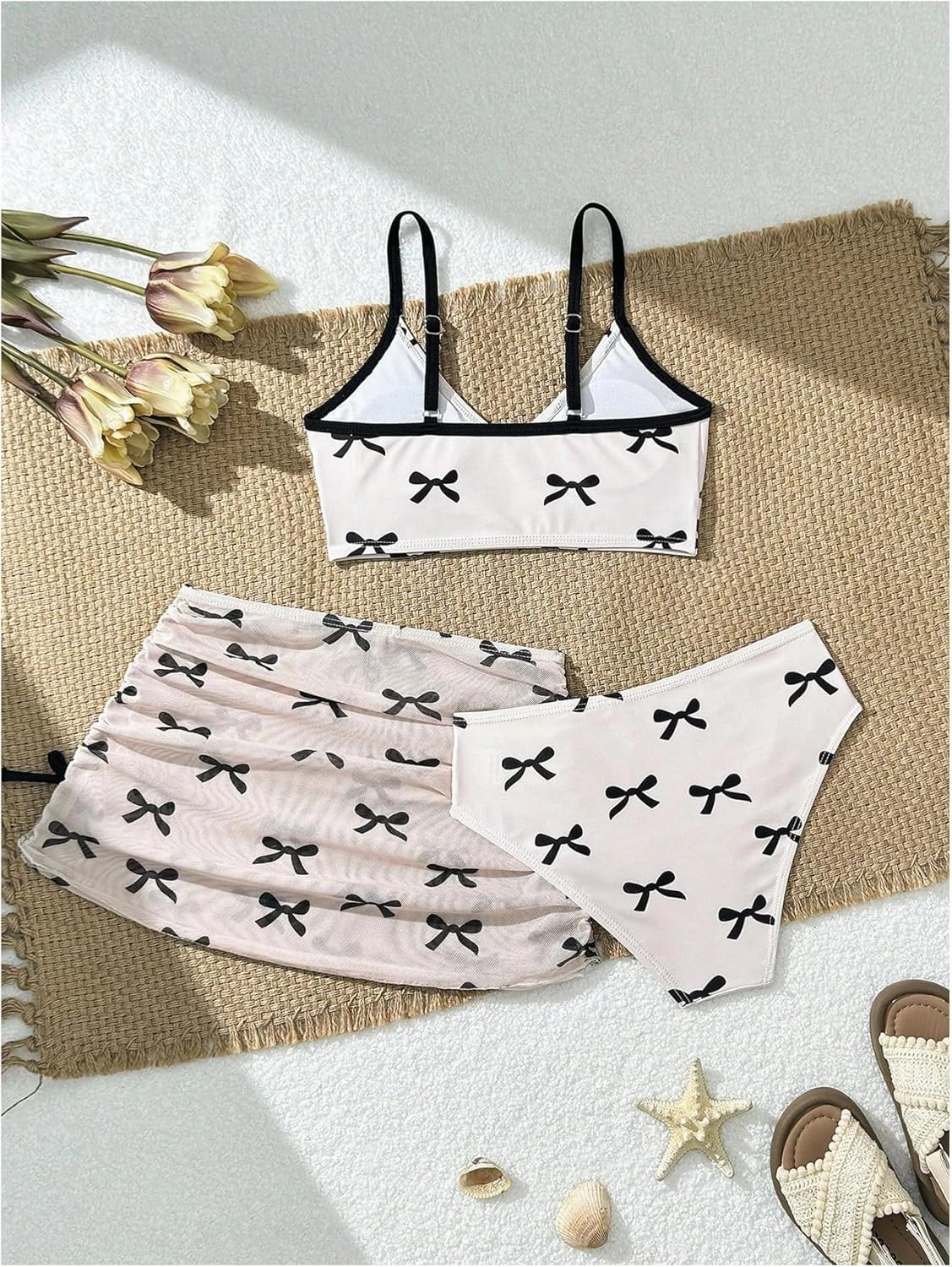 COZYEASE Girls' 3 Piece Set Floral Print Bikini Swimsuit with Drawstring Beach Skirt Cute Ruched Bathing Suit