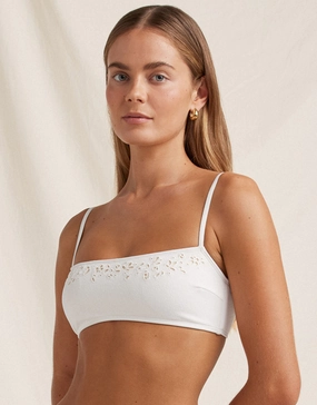 Creme Memoir Embroidered Bandeau Crop Bikini Top - White