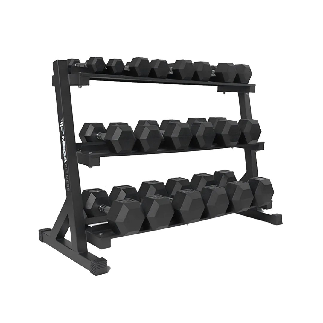 Mega Fitness - Rubber Hex Dumbbells Set 5-50lbs with Stand, Dumbbell Storage, Steel Plates