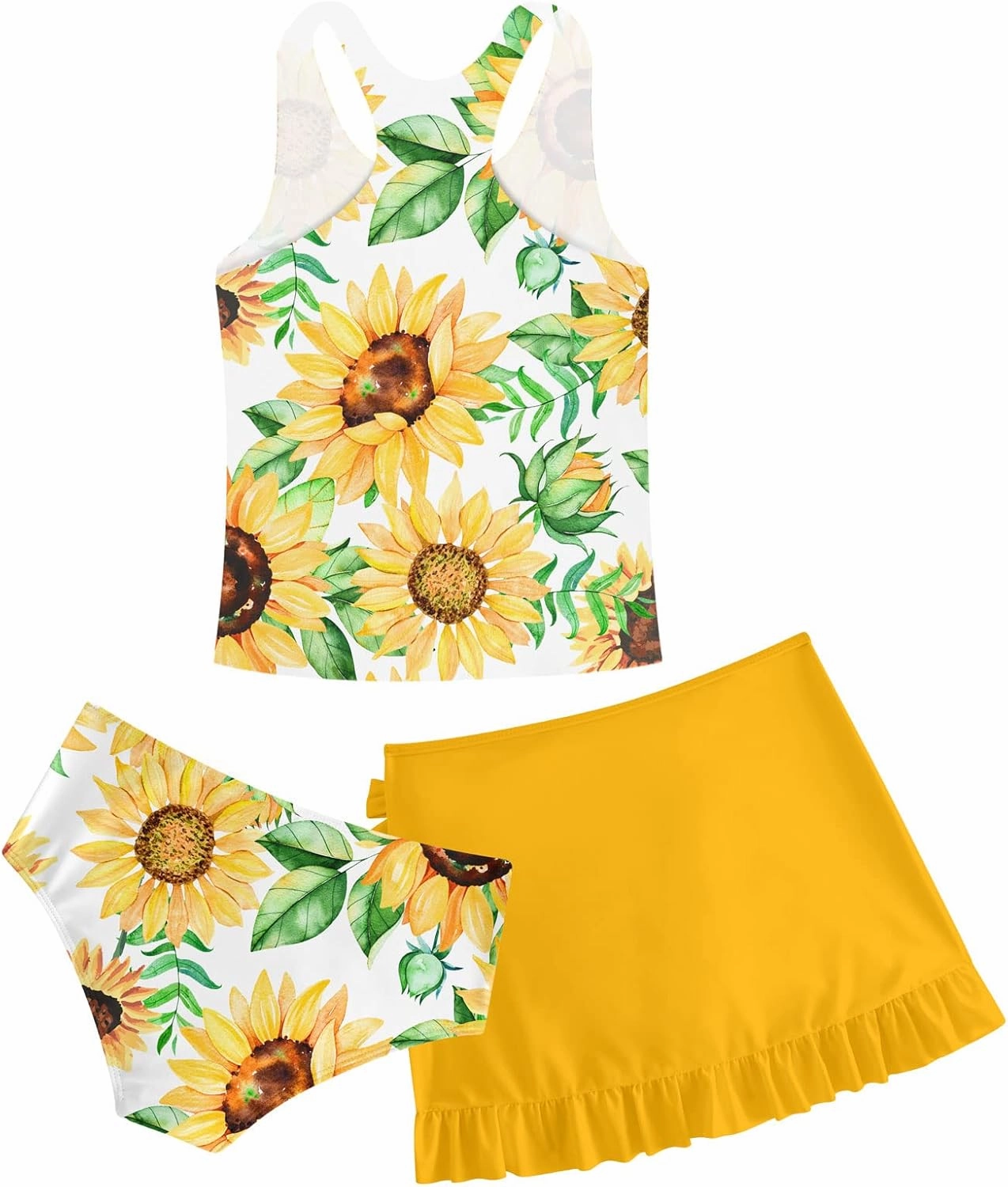 Cutemile Girls Swimsuit 3 Piece Bathing Suit Quick Dry Tankini Set with Cover Up Beach Skirt Bikini Swimwear 6-12 Years