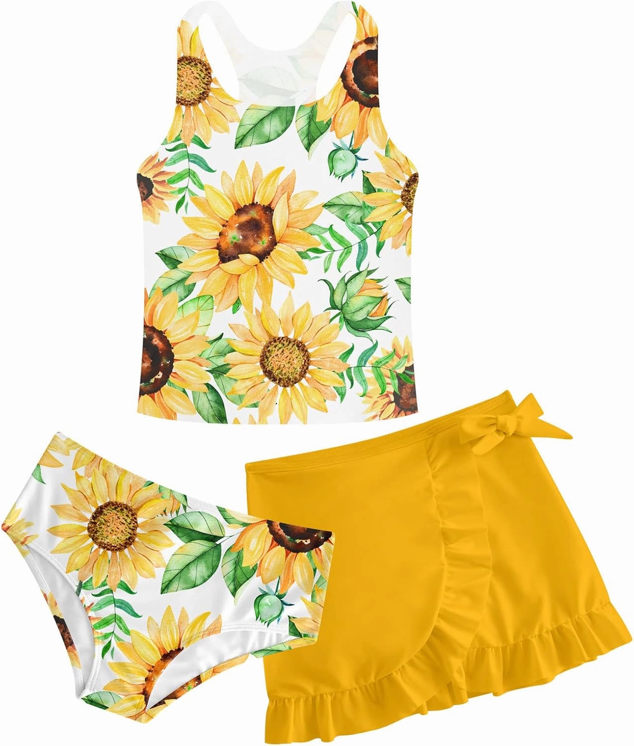 Cutemile Girls Swimsuit 3 Piece Bathing Suit Quick Dry Tankini Set with Cover Up Beach Skirt Bikini Swimwear 6-12 Years