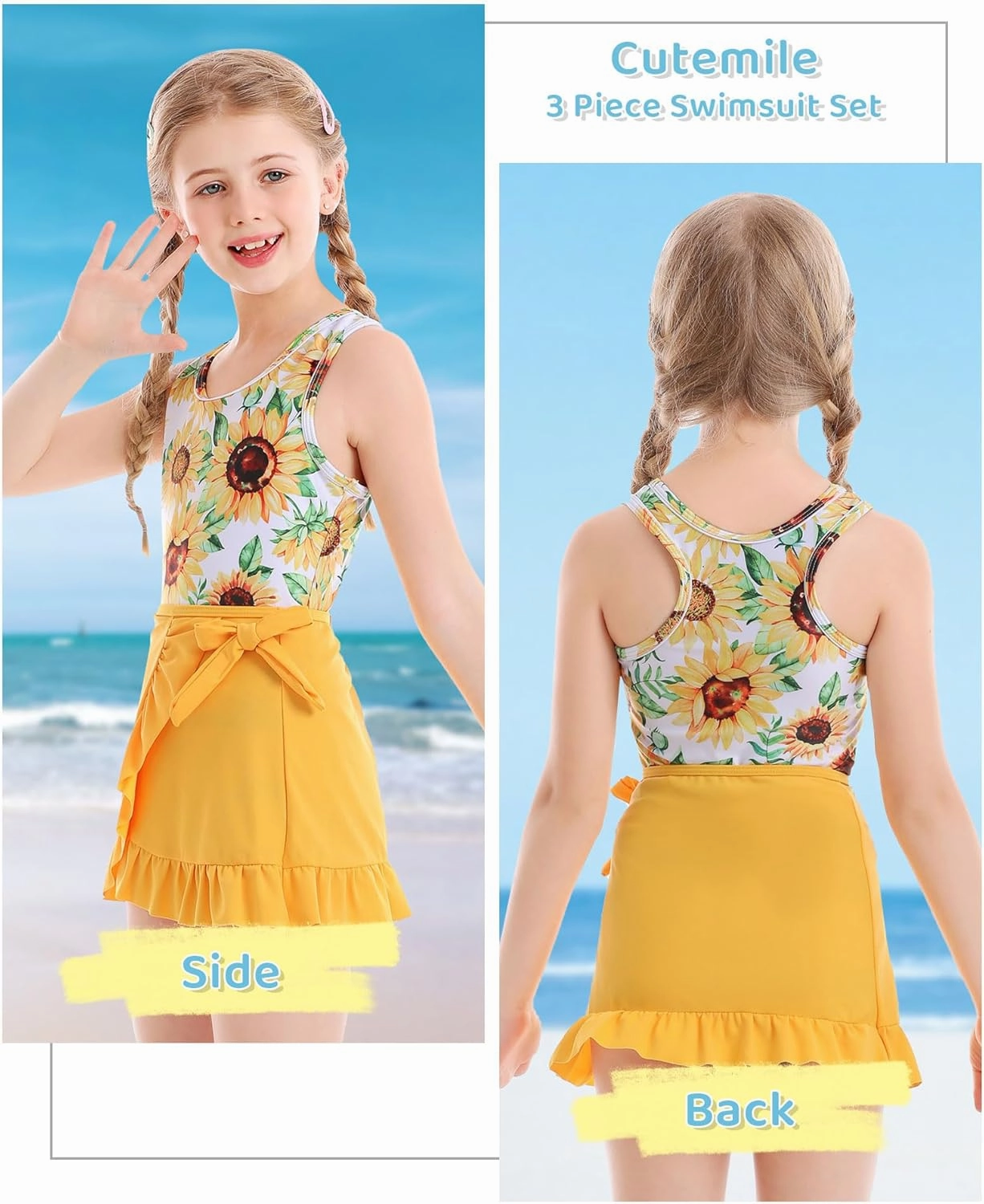 Cutemile Girls Swimsuit 3 Piece Bathing Suit Quick Dry Tankini Set with Cover Up Beach Skirt Bikini Swimwear 6-12 Years