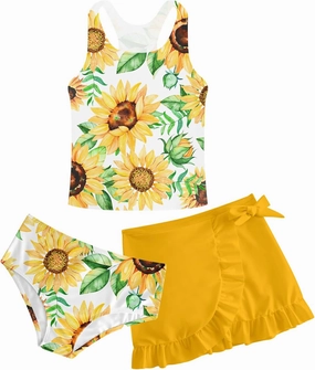 Cutemile Girls Swimsuit 3 Piece Bathing Suit Quick Dry Tankini Set with Cover Up Beach Skirt Bikini Swimwear 6-12 Years