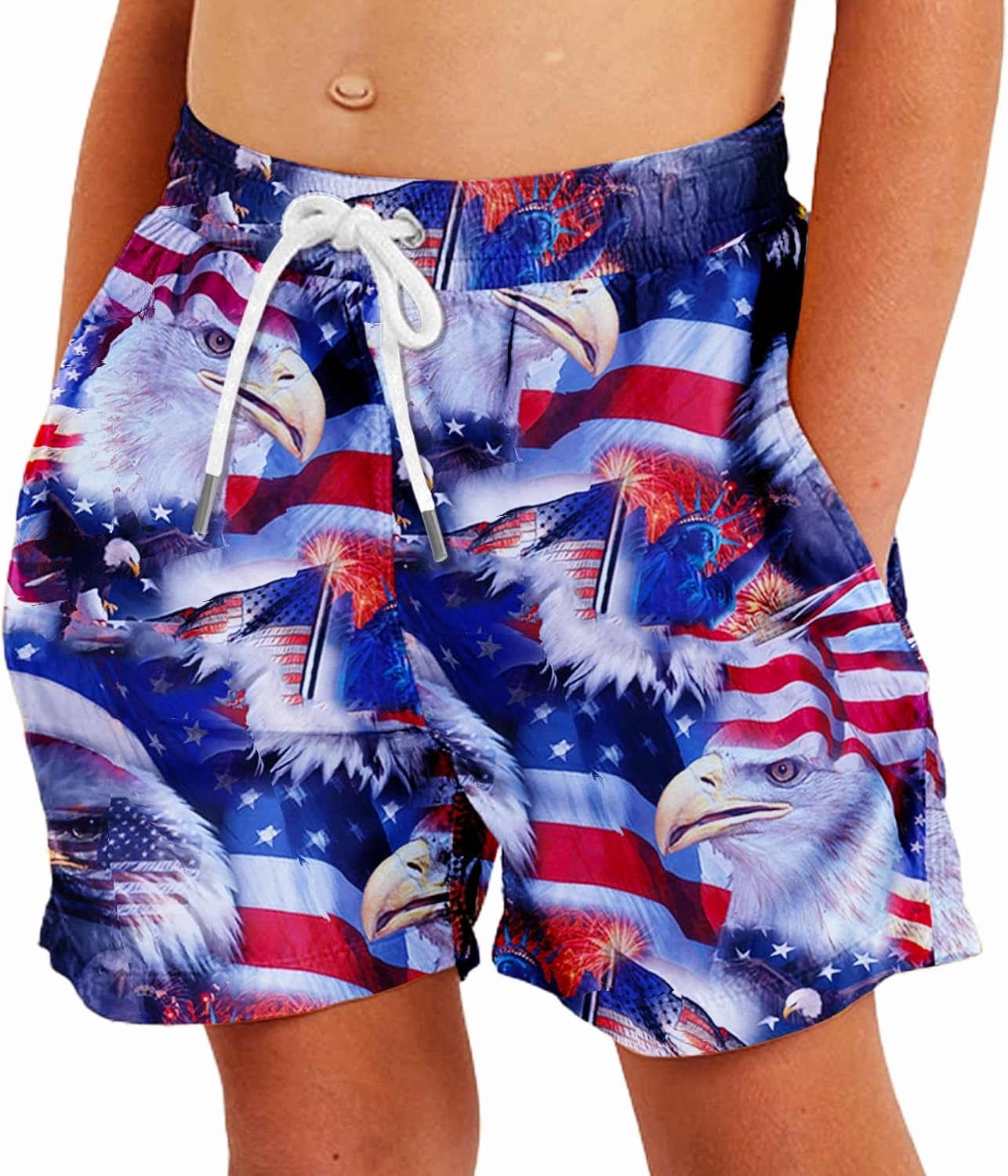 Deerose Boys Patriotic Swim Trunks with Compression Lined Kids Summer Beach Shorts 5-14 Years