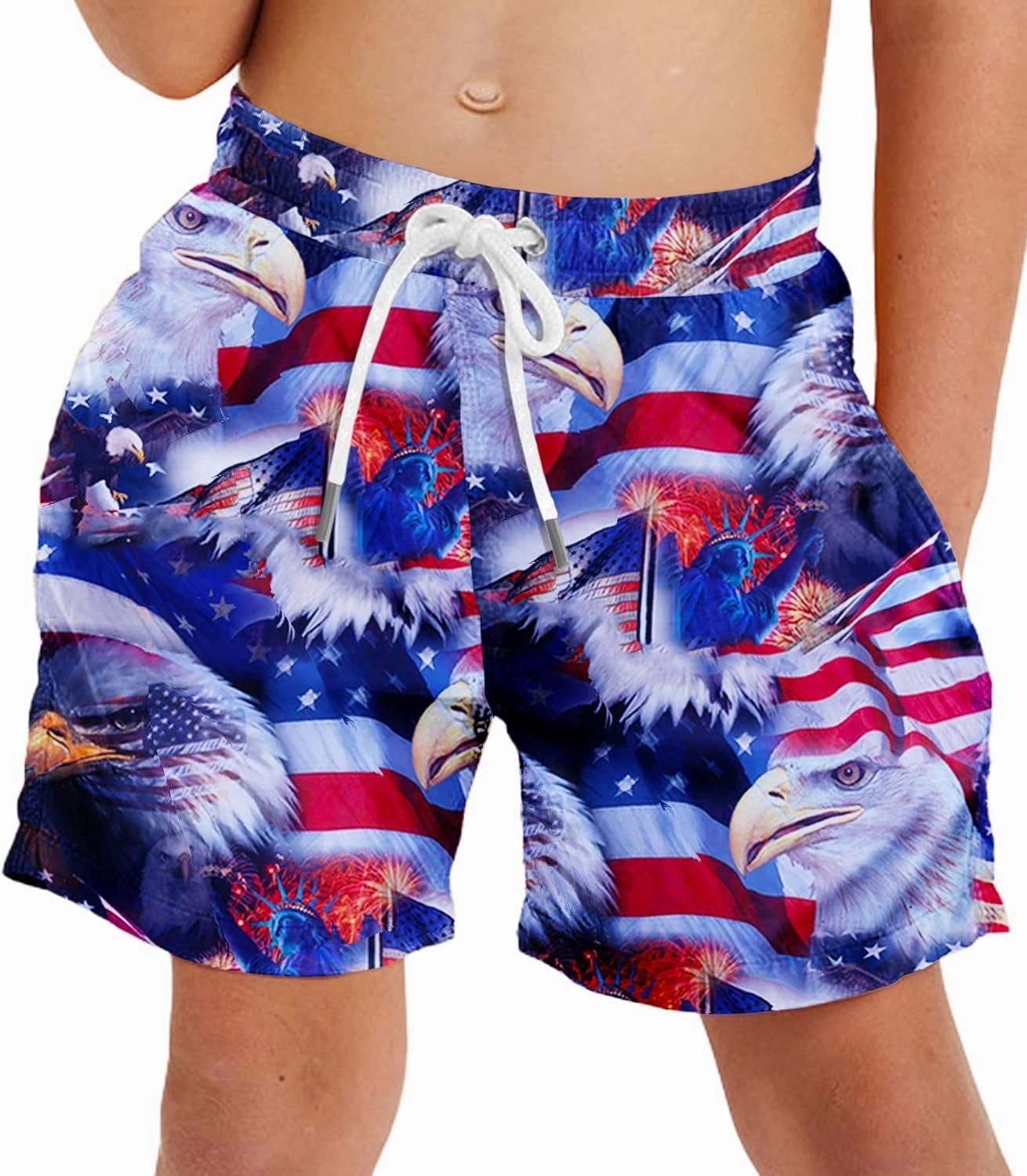 Deerose Boys Patriotic Swim Trunks with Compression Lined Kids Summer Beach Shorts 5-14 Years