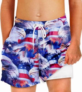 Deerose Boys Patriotic Swim Trunks with Compression Lined Kids Summer Beach Shorts 5-14 Years