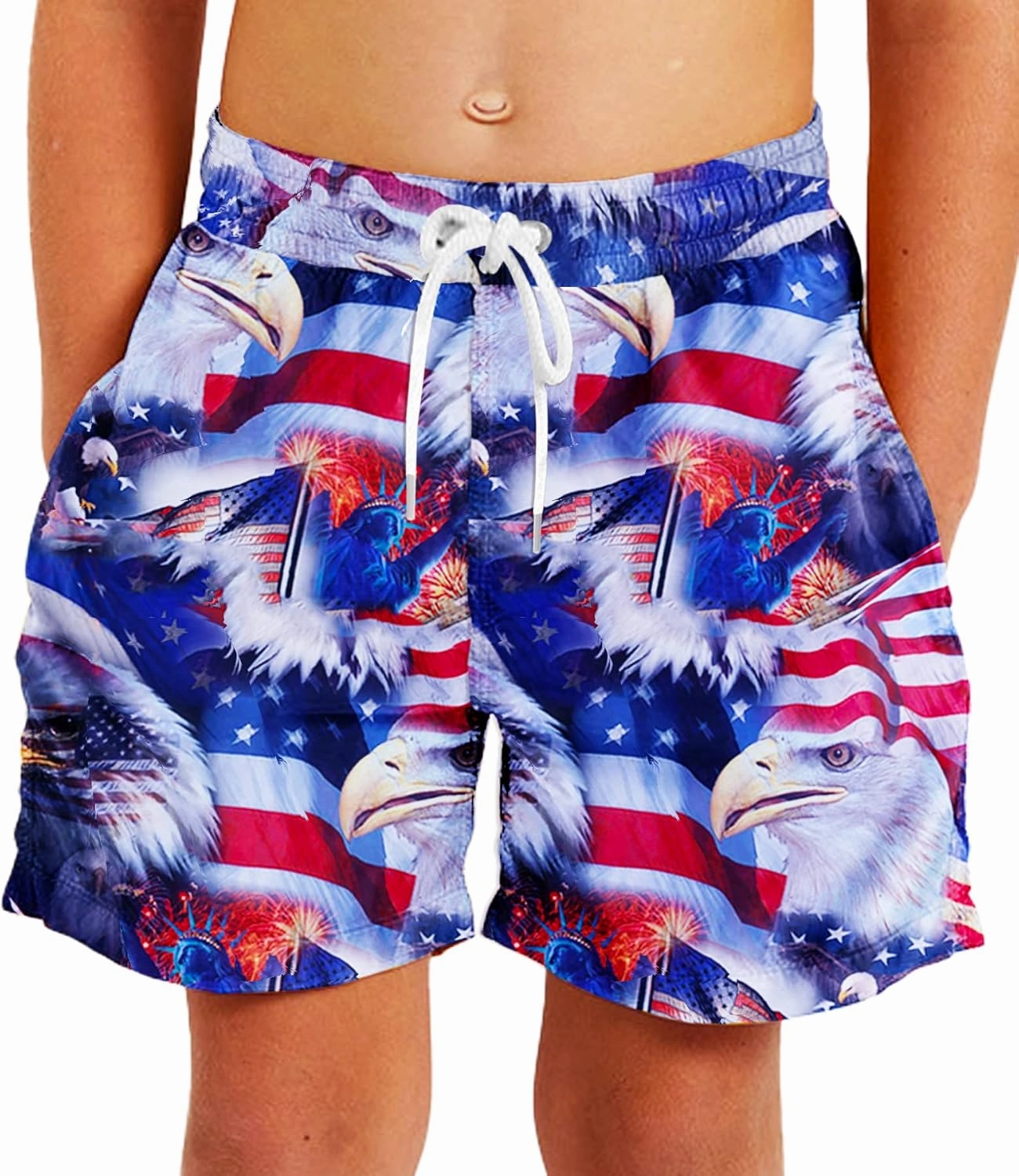 Deerose Boys Patriotic Swim Trunks with Compression Lined Kids Summer Beach Shorts 5-14 Years