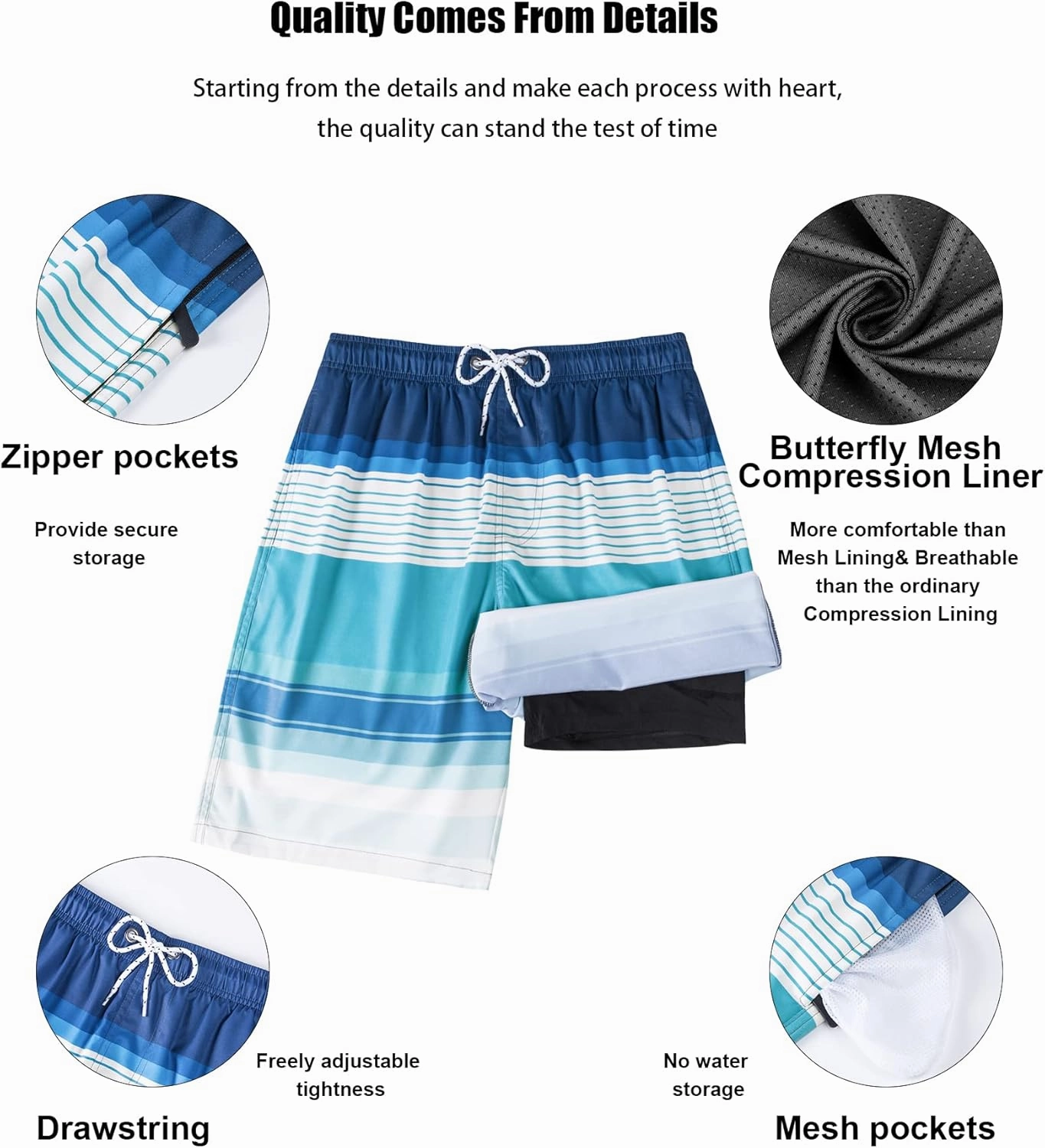 difficort Mens Swim Trunks with Compression Liner Quick Dry Bathing Suits Shorts with Zipper Pockets