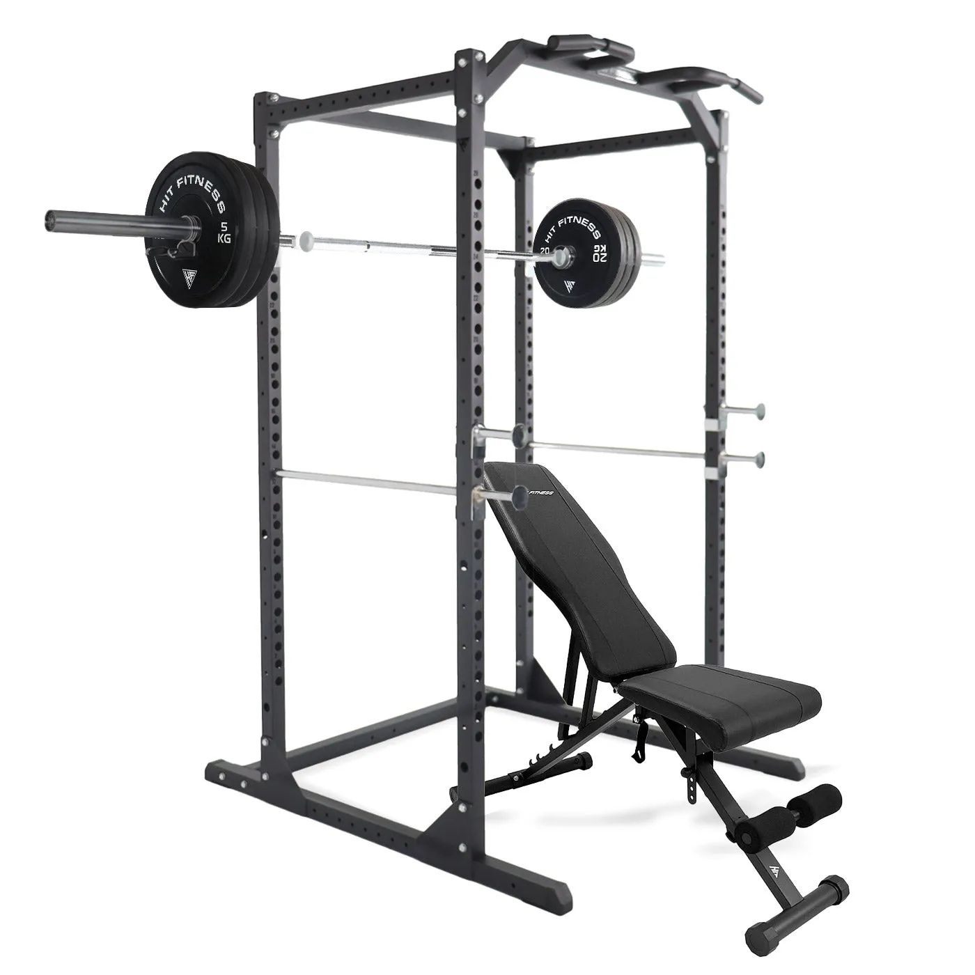 Hit Fitness Athletic Pack 120kg | Rack - Bench - Black Bumper Plates, Non Folding Treadmills, Exercise Rings