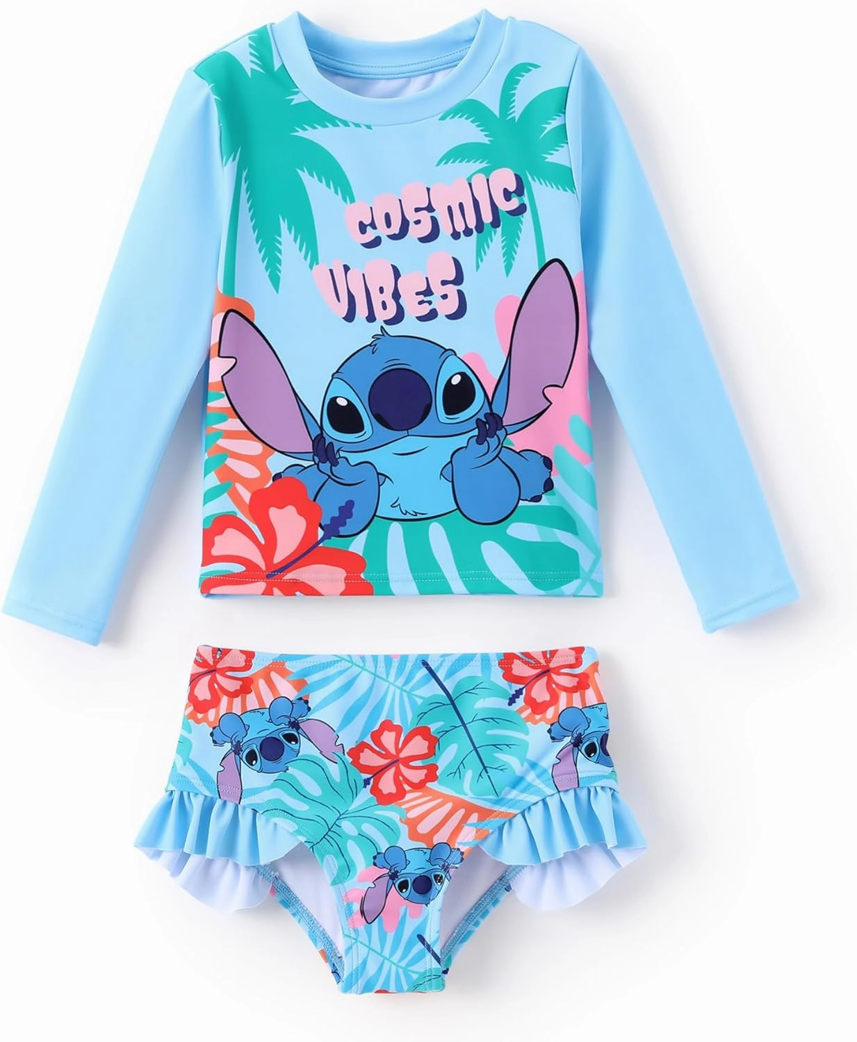Disney Mickey and Friends Girl Two Piece Long Sleeve Swimsuit Rashguard Bathing Suit