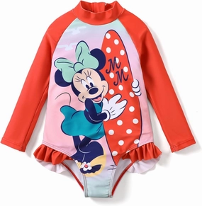 Disney Princess Frozen Elsa Minnie Stitch One Piece Swimsuit Rashguard Bathing Suit UPF 50 Toddler Girl Long Sleeve Swimwear
