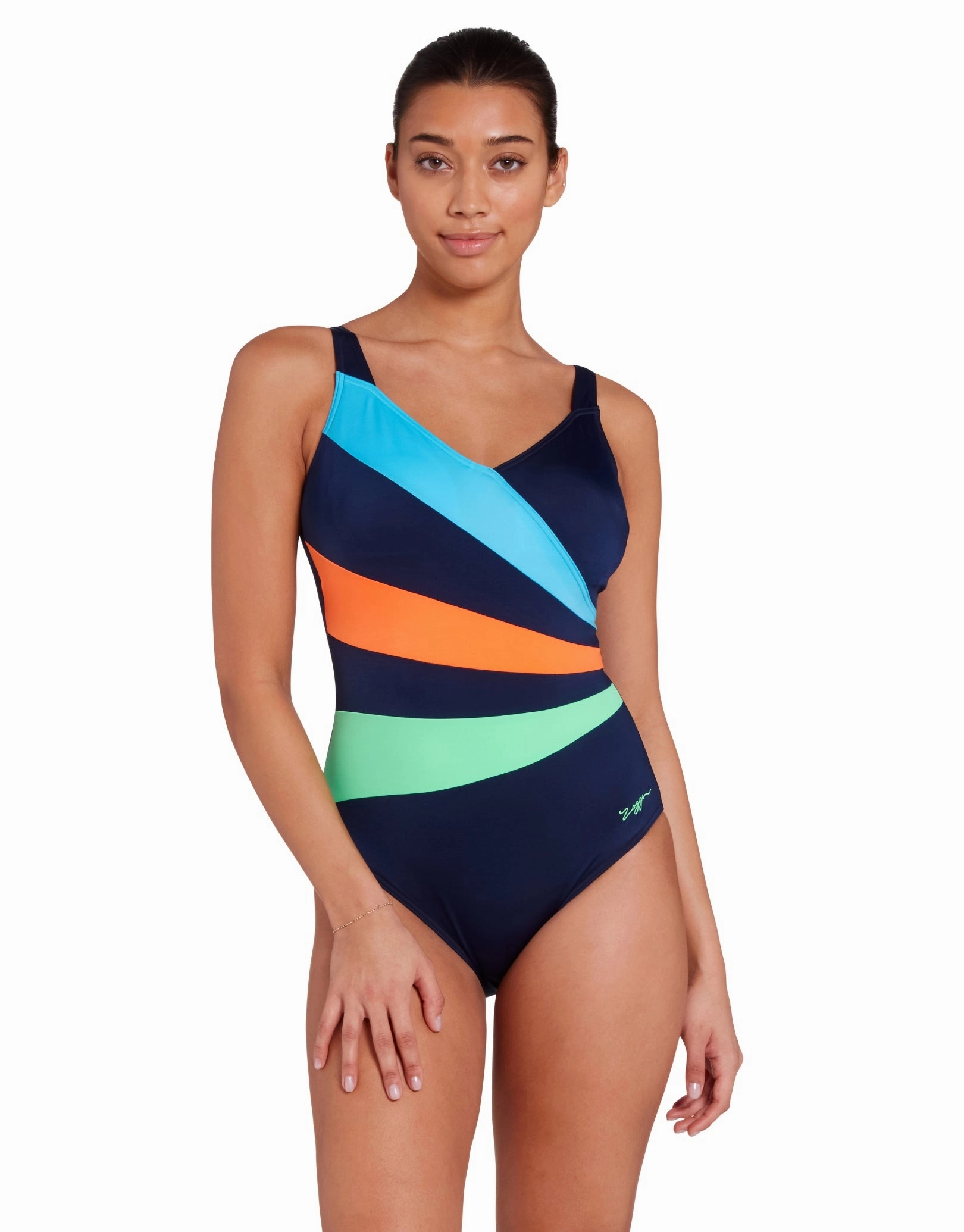 Elegance Wrap Panel Classicback Swimsuit - Blue/Orange/Green