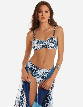 Ethnic Palm Ruched Bandeau Bikini Set - Blue