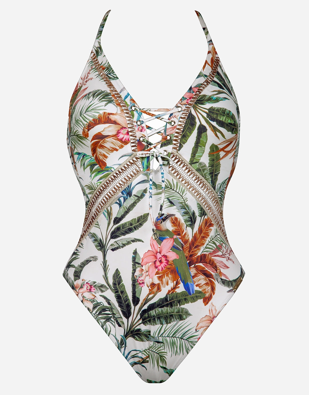 Exotic Dive Lace Up Plunge Swimsuit - Retro Tropics