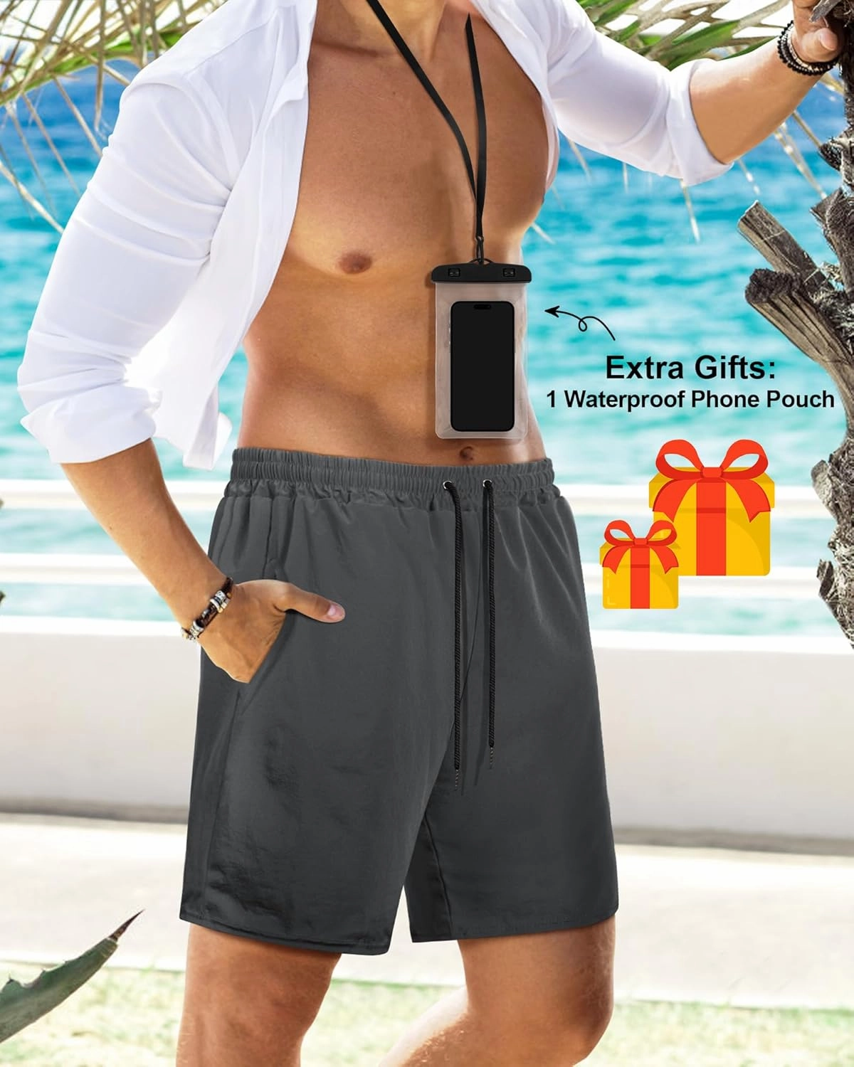 Fasker Mens Swim Trunks with Compression Liner 7" Inseam Quick Dry Bathing Suit Beach Shorts Swimming Trunks with Pockets