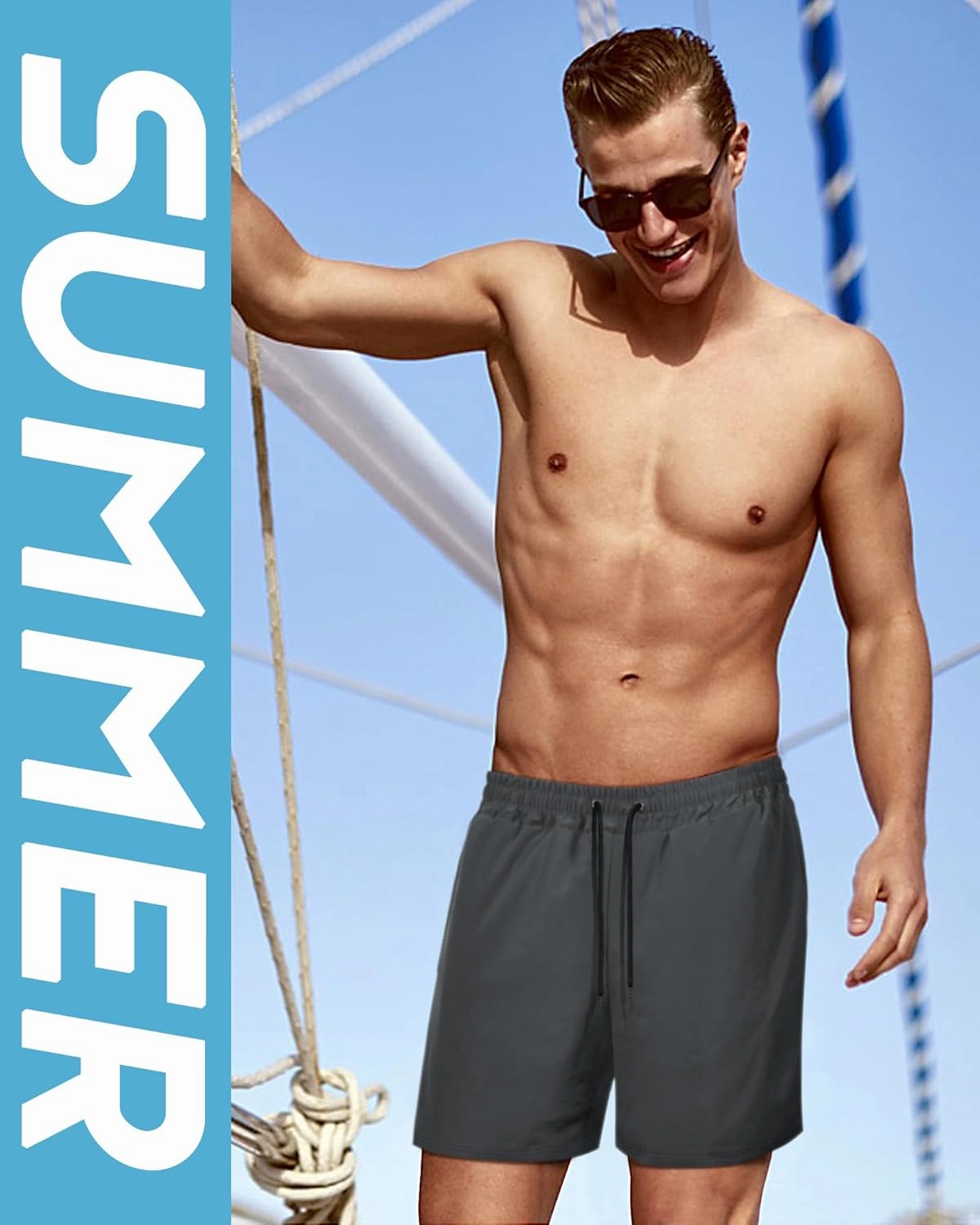 Fasker Mens Swim Trunks with Compression Liner 7" Inseam Quick Dry Bathing Suit Beach Shorts Swimming Trunks with Pockets