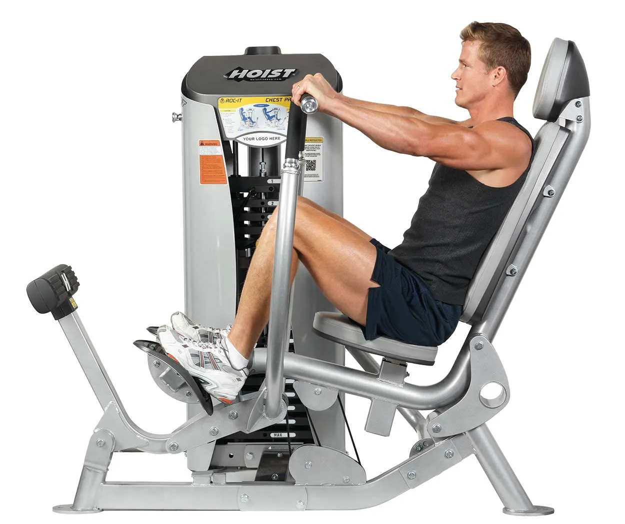 Hoist Chest Press, Gymnastic Rings, Round Dumbbells
