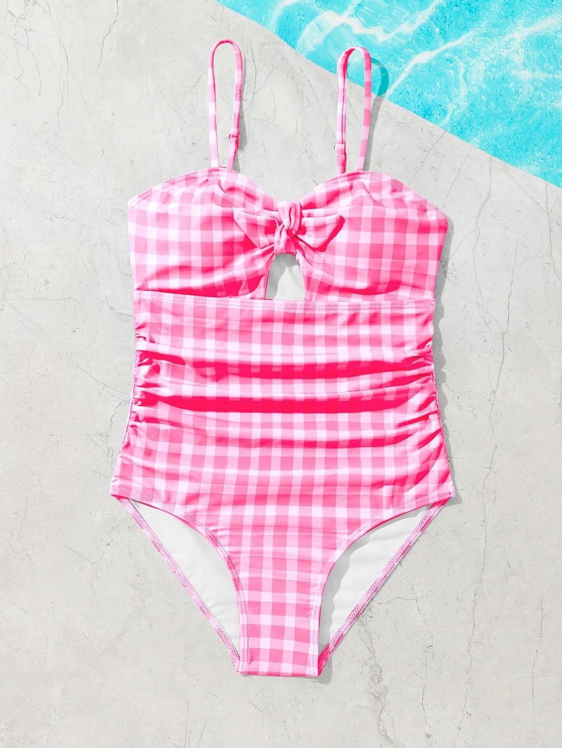 Floerns Girl's Gingham Print Ruched Cut Out Knot Front One Piece Swimsuit