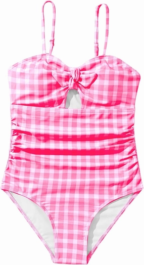 Floerns Girl's Gingham Print Ruched Cut Out Knot Front One Piece Swimsuit