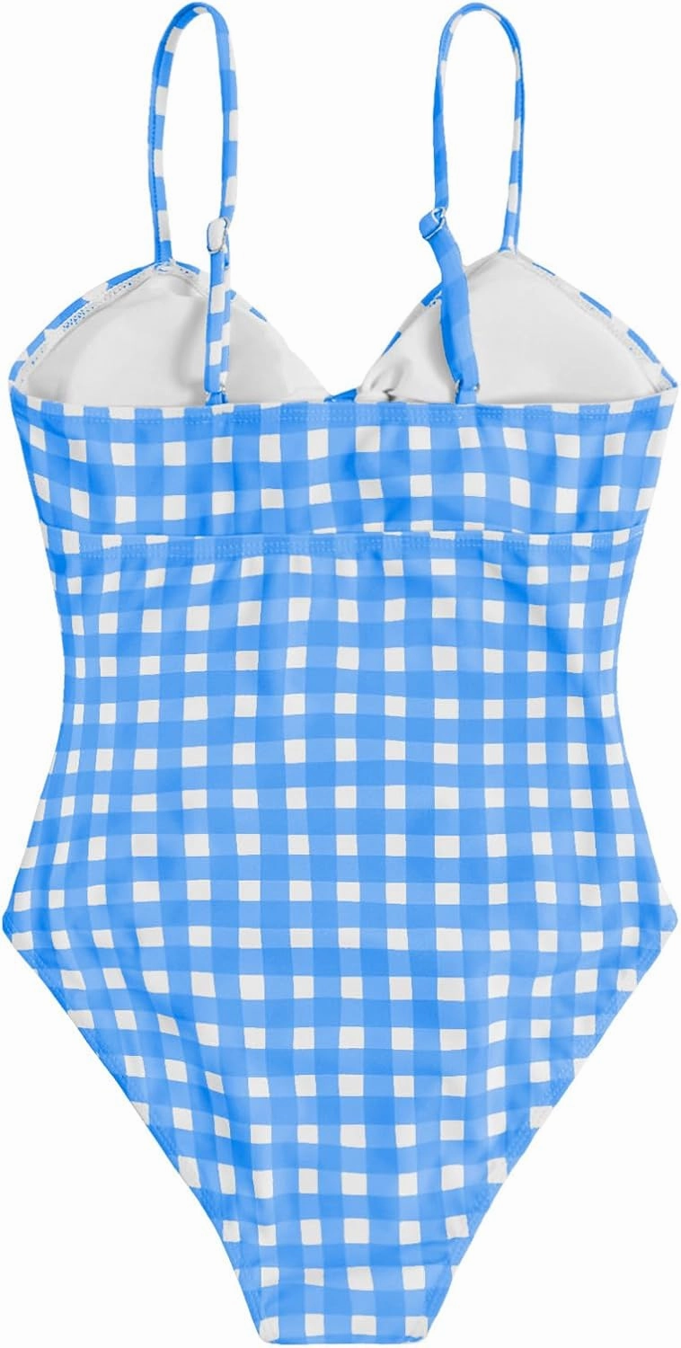 Floerns Girl's Gingham Print Ruched Cut Out Knot Front One Piece Swimsuit