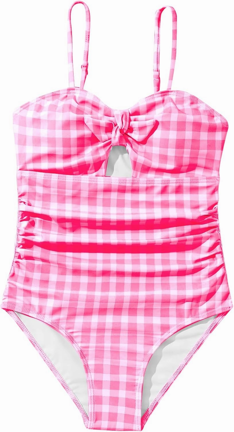 Floerns Girl's Gingham Print Ruched Cut Out Knot Front One Piece Swimsuit
