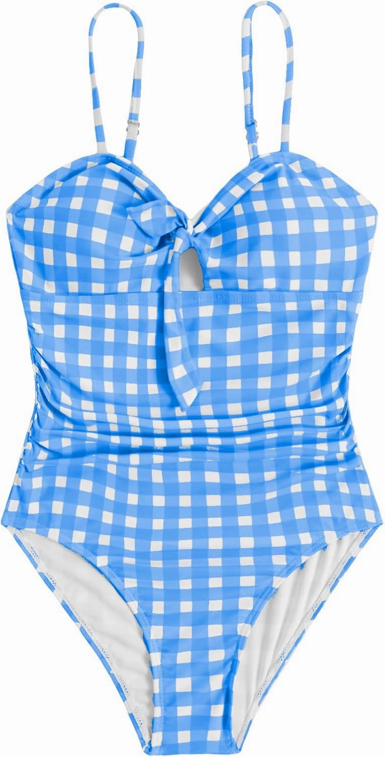 Floerns Girl's Gingham Print Ruched Cut Out Knot Front One Piece Swimsuit