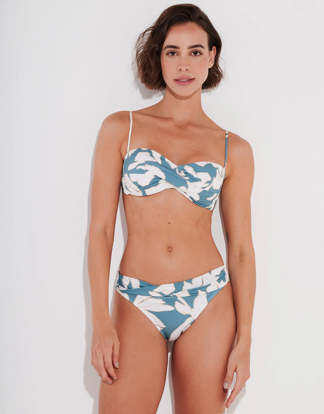 Floral Abstract Twist Bandeau Bikini Top - Puffy Sky