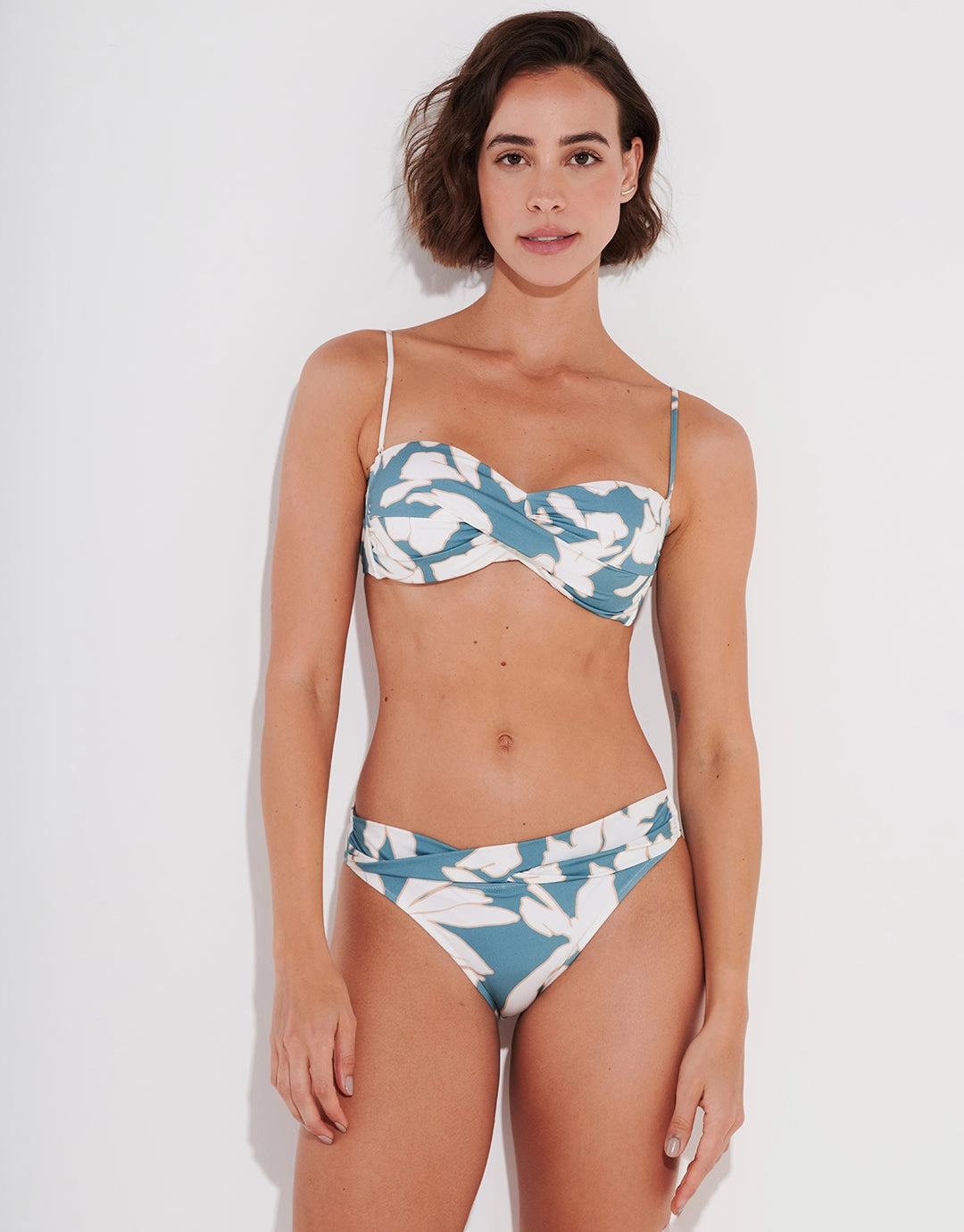 Floral Abstract Twist Front Bikini Pant - Puffy Sky