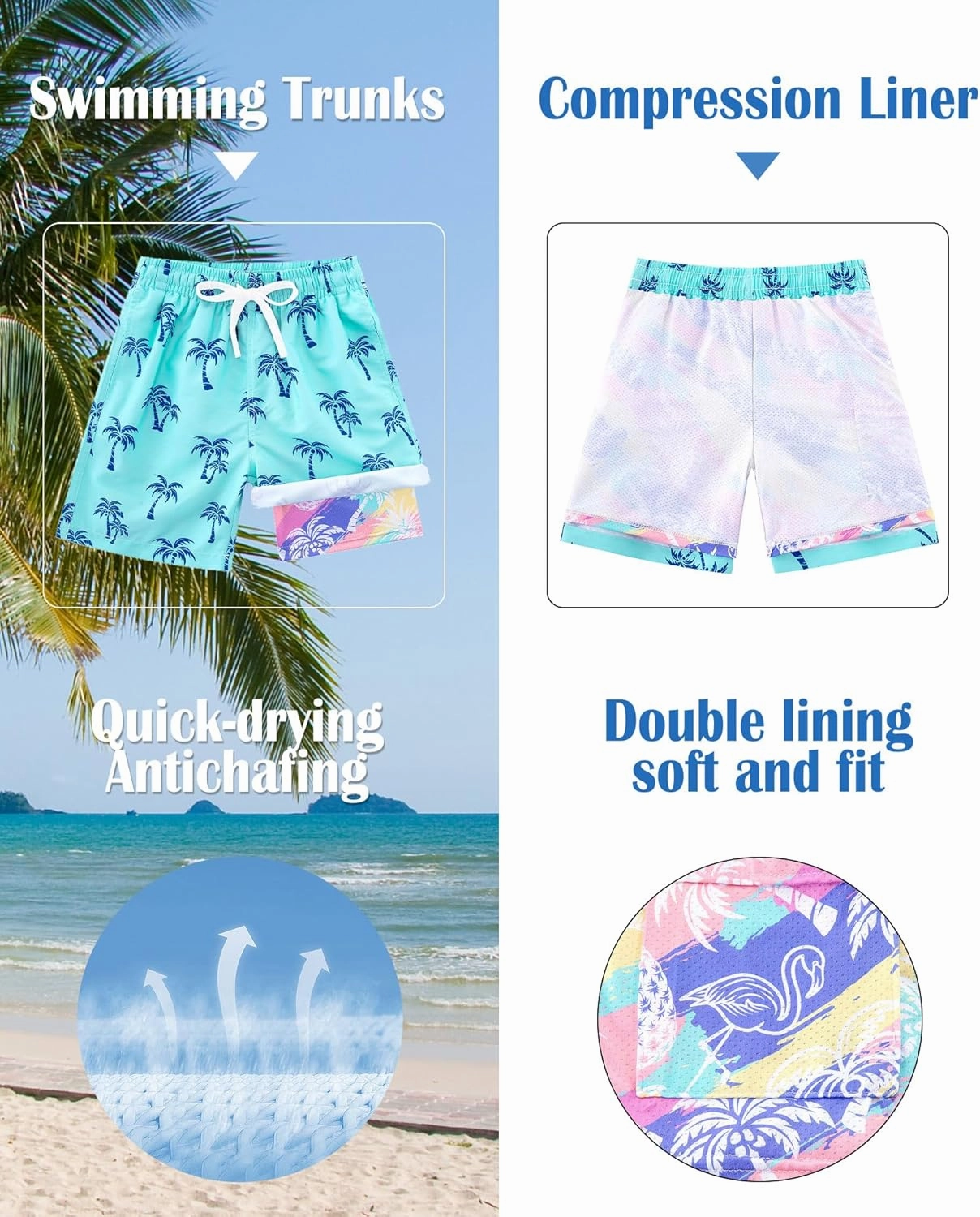Funnycokid Boys Swim Trunks with Compression Liner Kids Anti-Chafe Swim Shorts Quick Dry Bathing Suit 5-16T