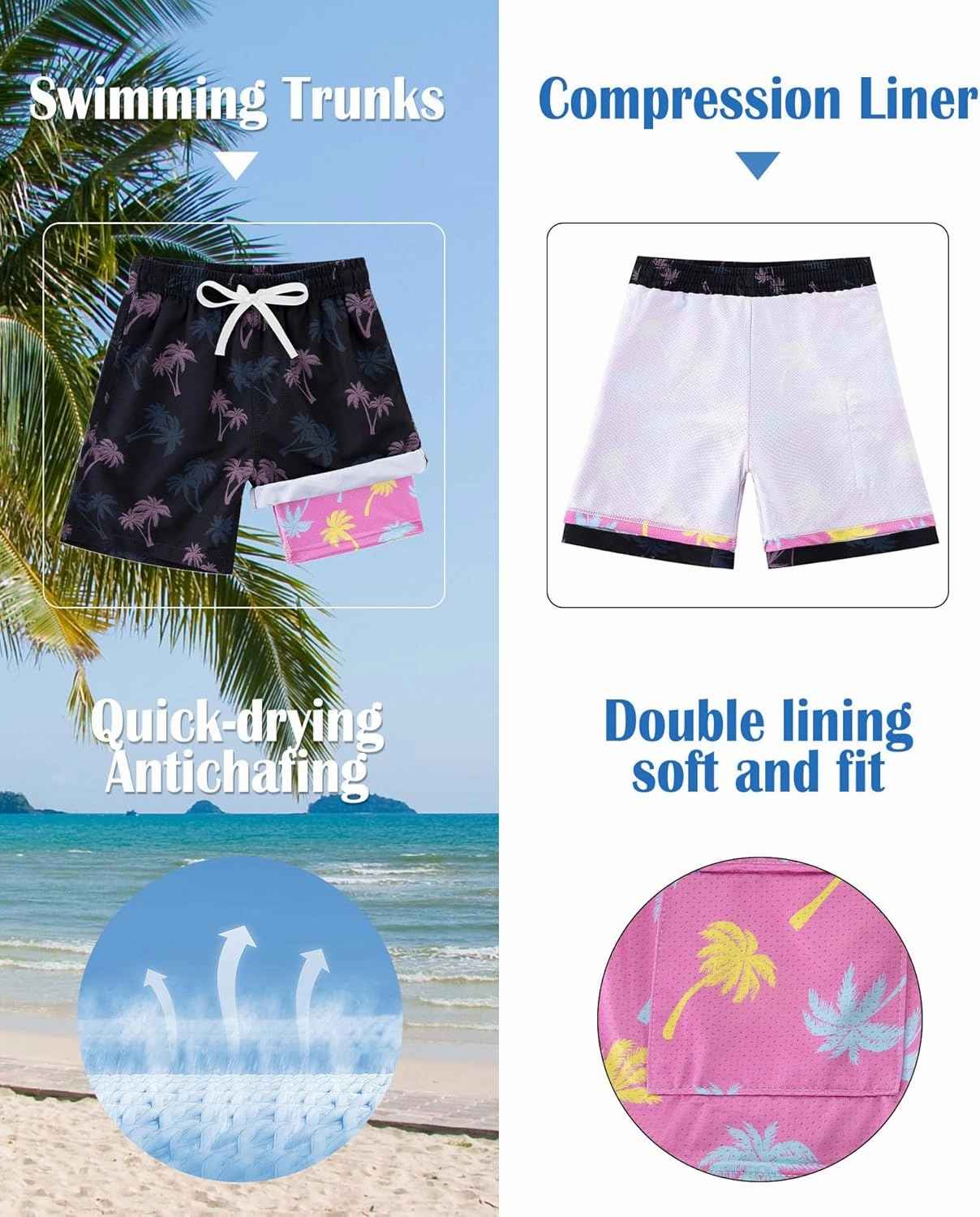 Funnycokid Boys Swim Trunks with Compression Liner Kids Anti-Chafe Swim Shorts Quick Dry Bathing Suit 5-16T