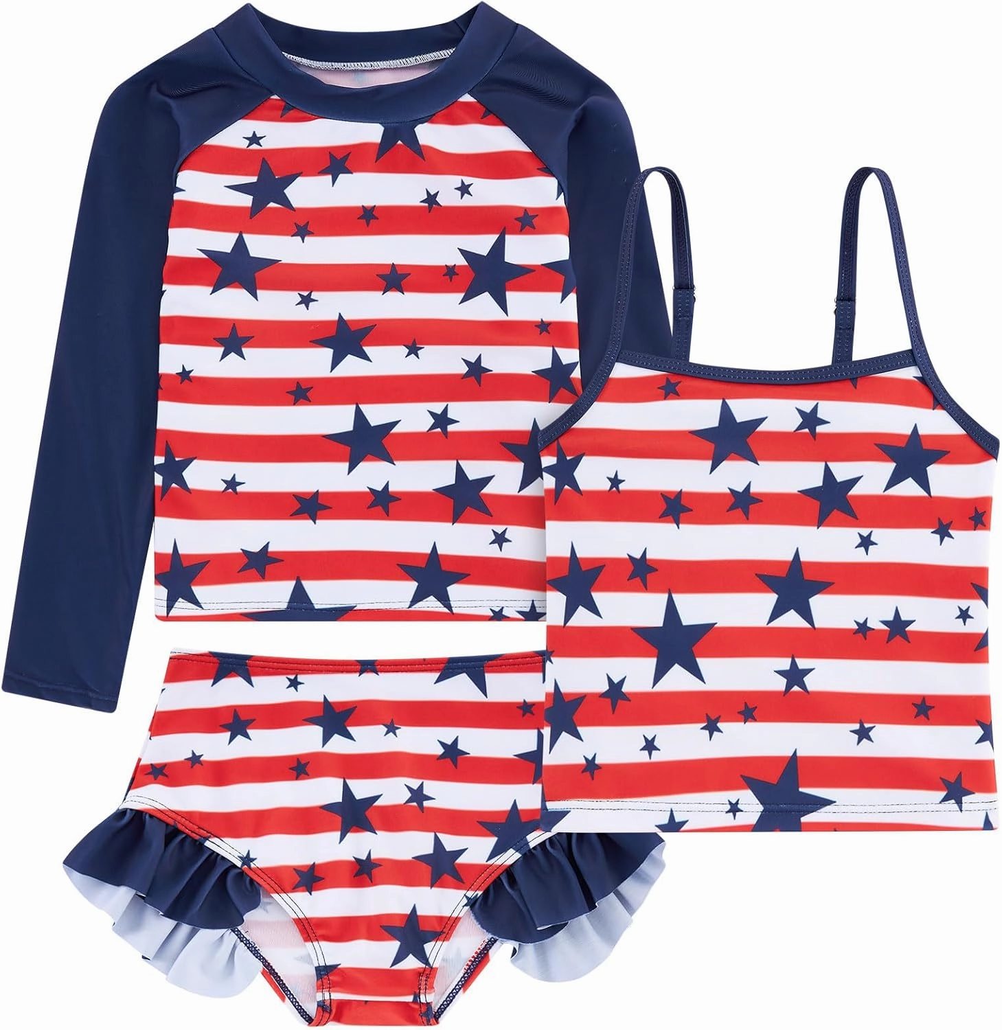 Funnycokid Girls Swimsuit 3 Pieces Long Sleeve Rash Guard Set Tankini Bathing Suits Summer Kids Swimwear 3-10 Years
