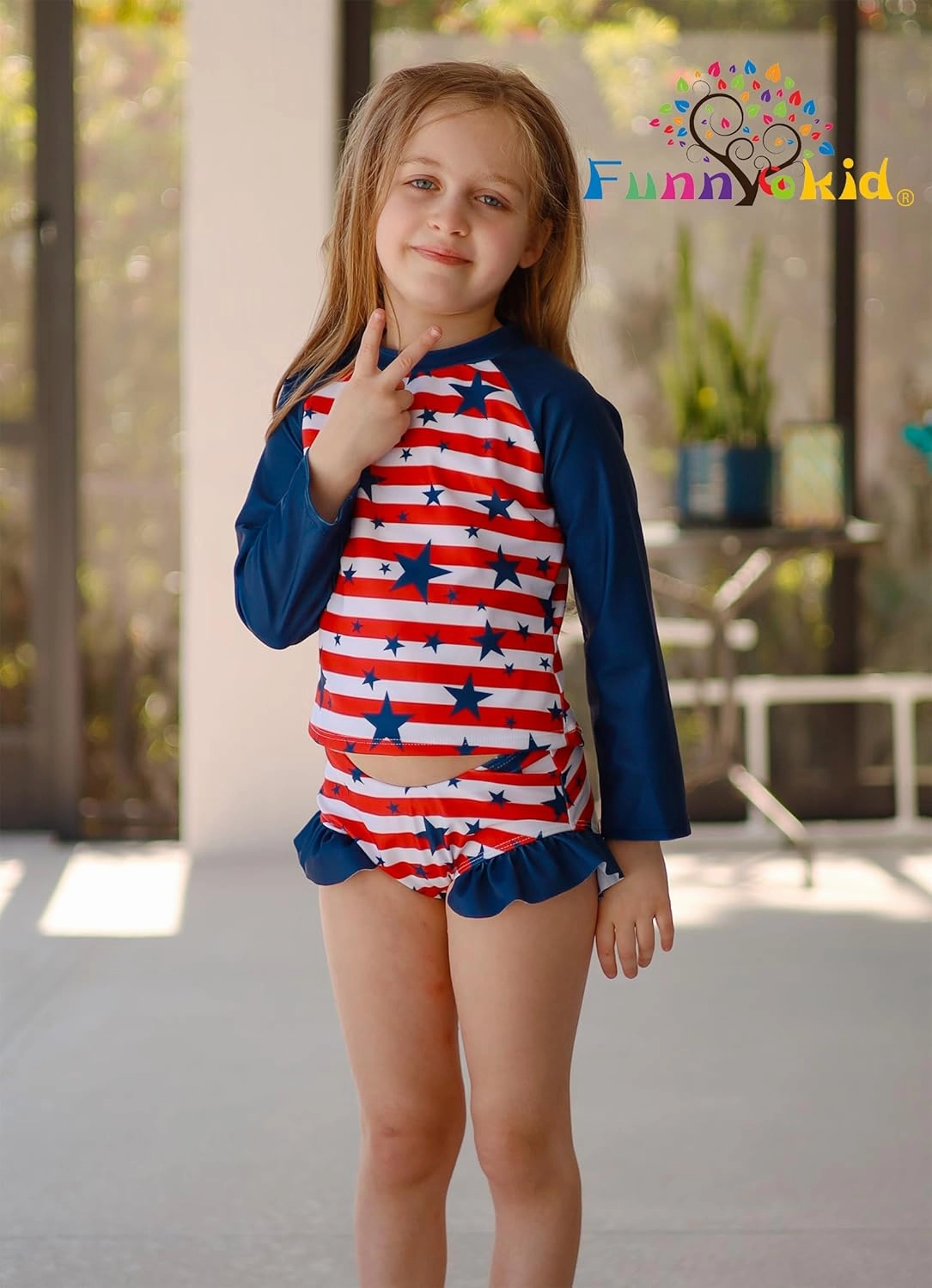 Funnycokid Girls Swimsuit 3 Pieces Long Sleeve Rash Guard Set Tankini Bathing Suits Summer Kids Swimwear 3-10 Years
