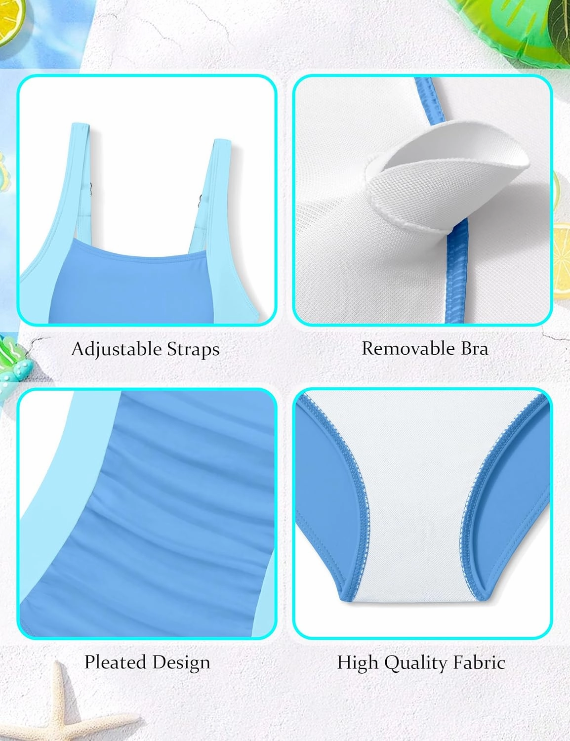 Girl Swimsuit One Piece Bathing Suit for Girls Solid Color Ruched Adjustable Straps Padded Swimwear 9-16y