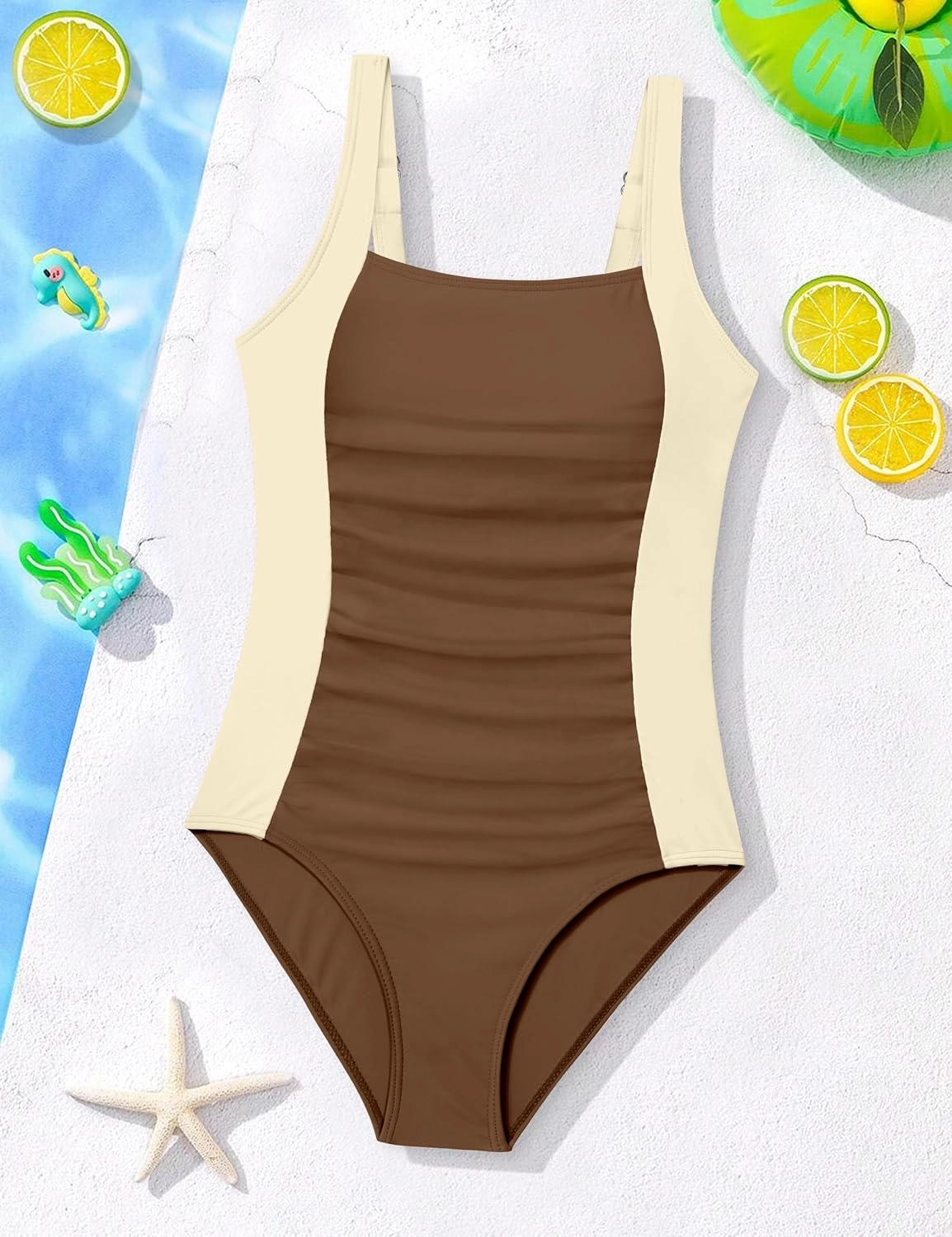 Girl Swimsuit One Piece Bathing Suit for Girls Solid Color Ruched Adjustable Straps Padded Swimwear 9-16y
