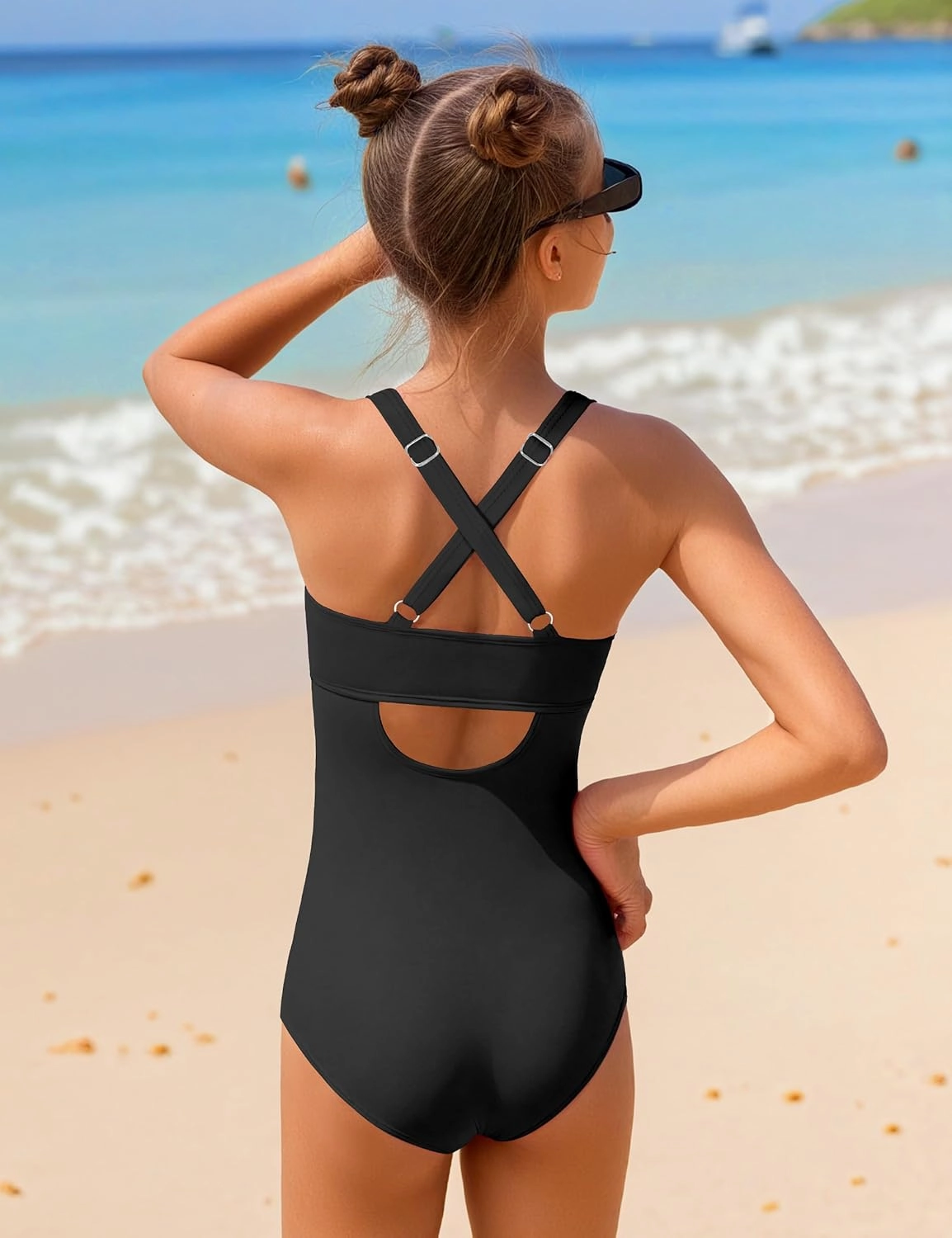Girl Swimsuit One Piece Cutout Ruched Bathing Suit for Girls V-Neck Color Block Adjustable Straps Pad Swimwear 9-16y