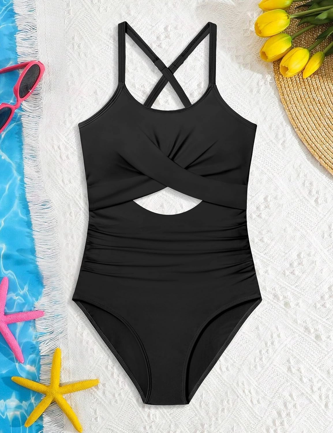 Girl Swimsuit One Piece Cutout Ruched Bathing Suit for Girls V-Neck Color Block Adjustable Straps Pad Swimwear 9-16y